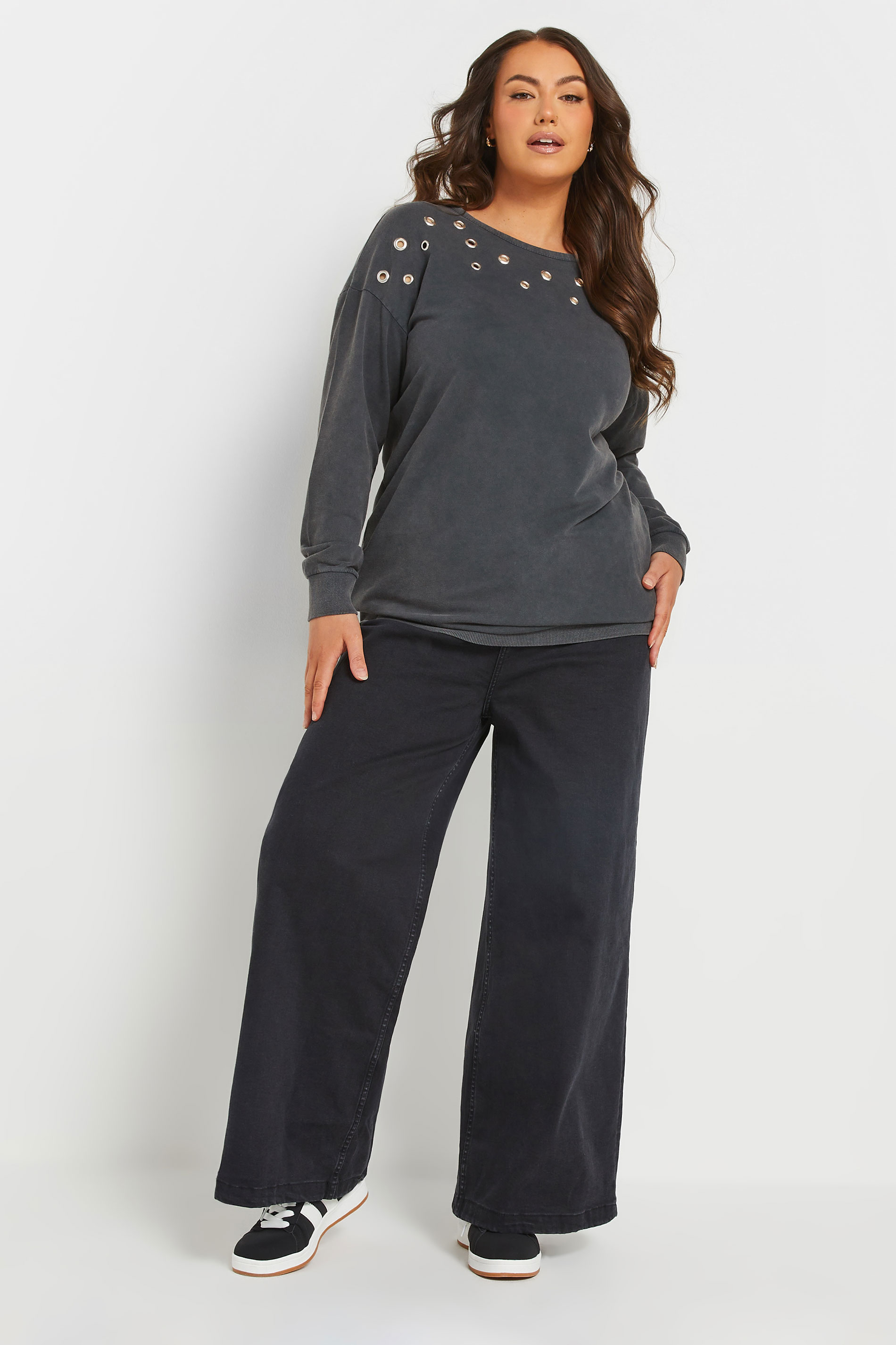 YOURS Plus Size Grey Acid Wash Eyelet Sweatshirt | Yours Clothing 1