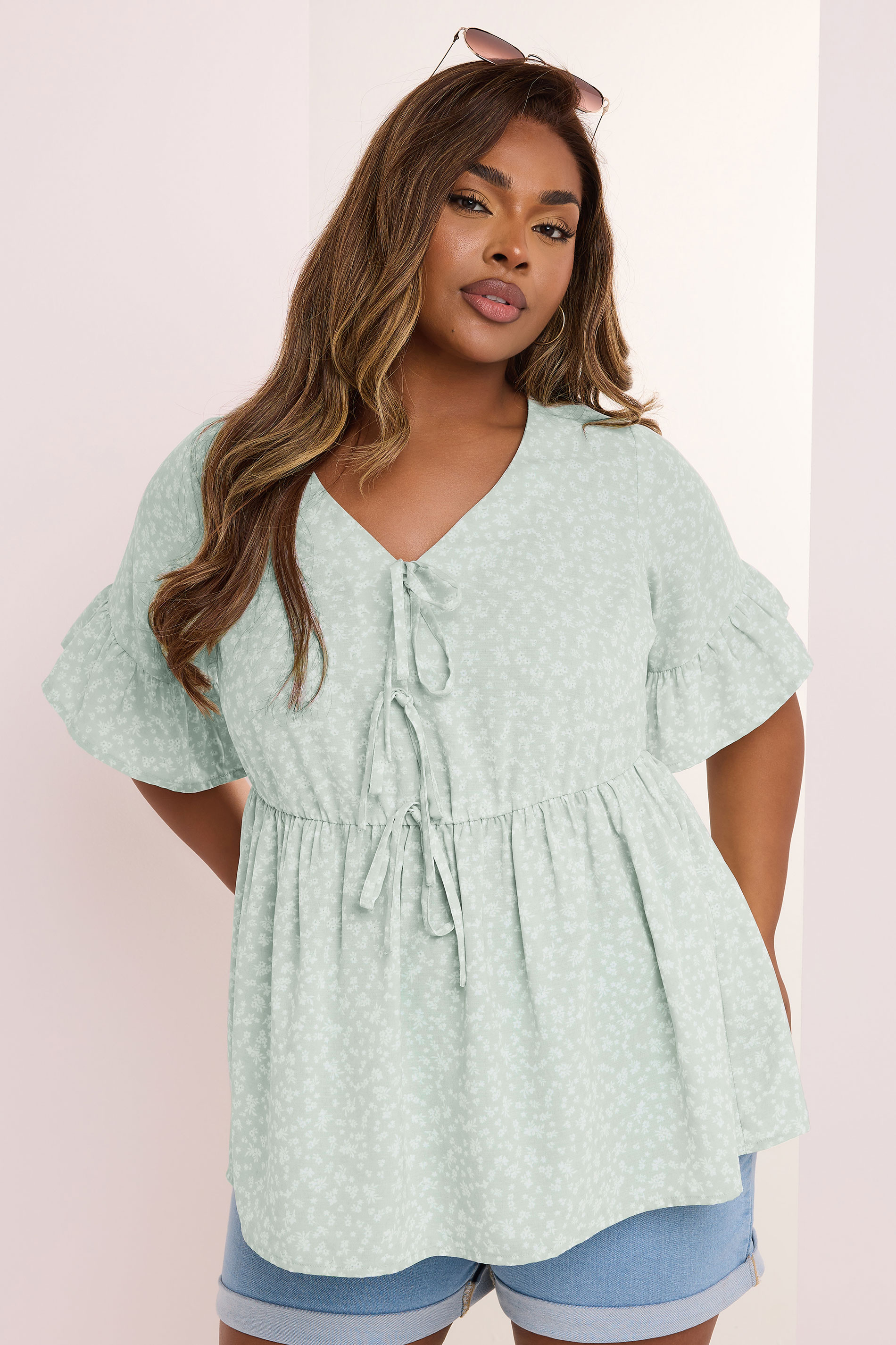 YOURS Plus Size Sage Green Ditsy Floral Tie Front Peplum Top | Yours Clothing 3