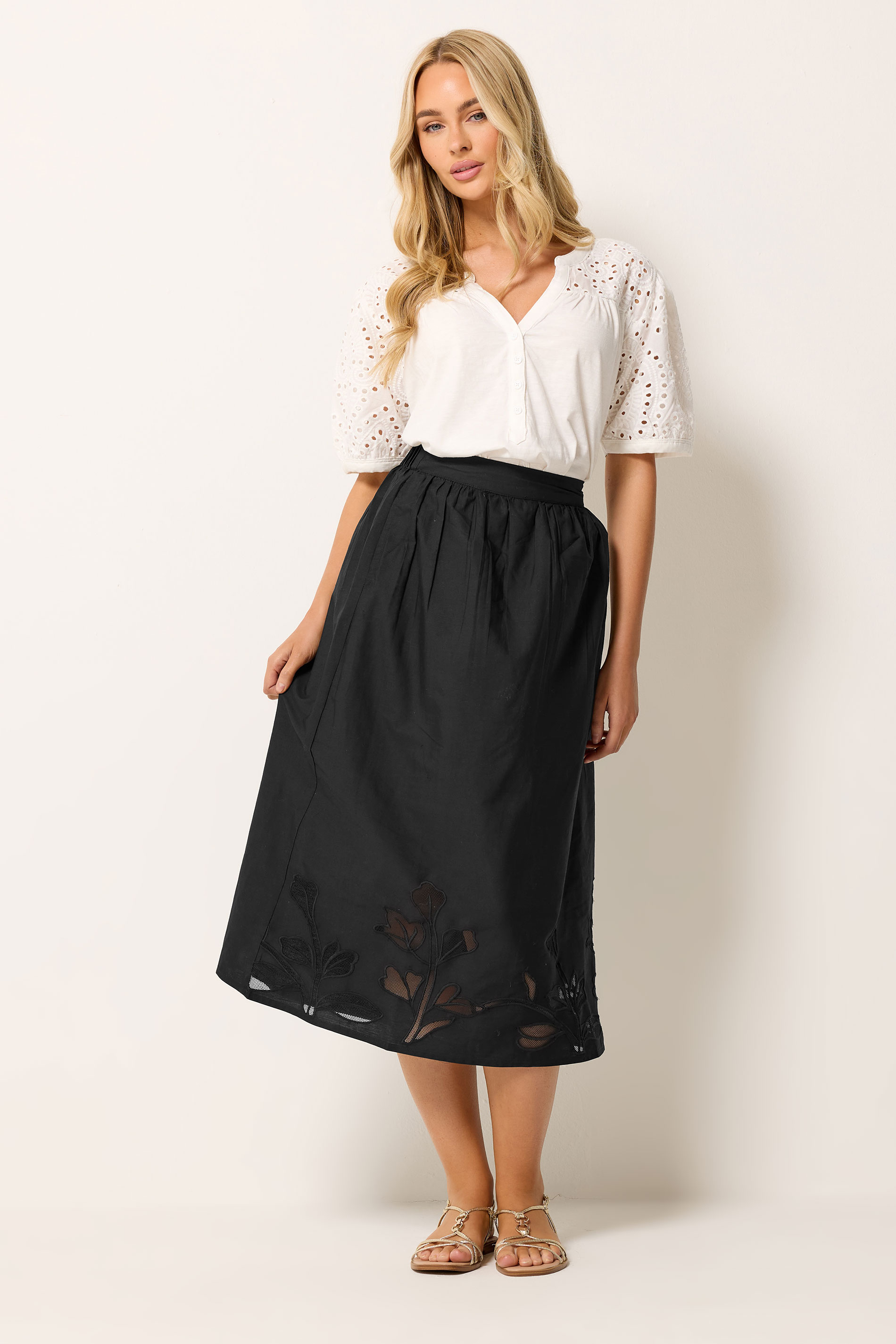 M&Co Black Floral Cutwork Detail Cotton Midi Skirt | M&Co 4