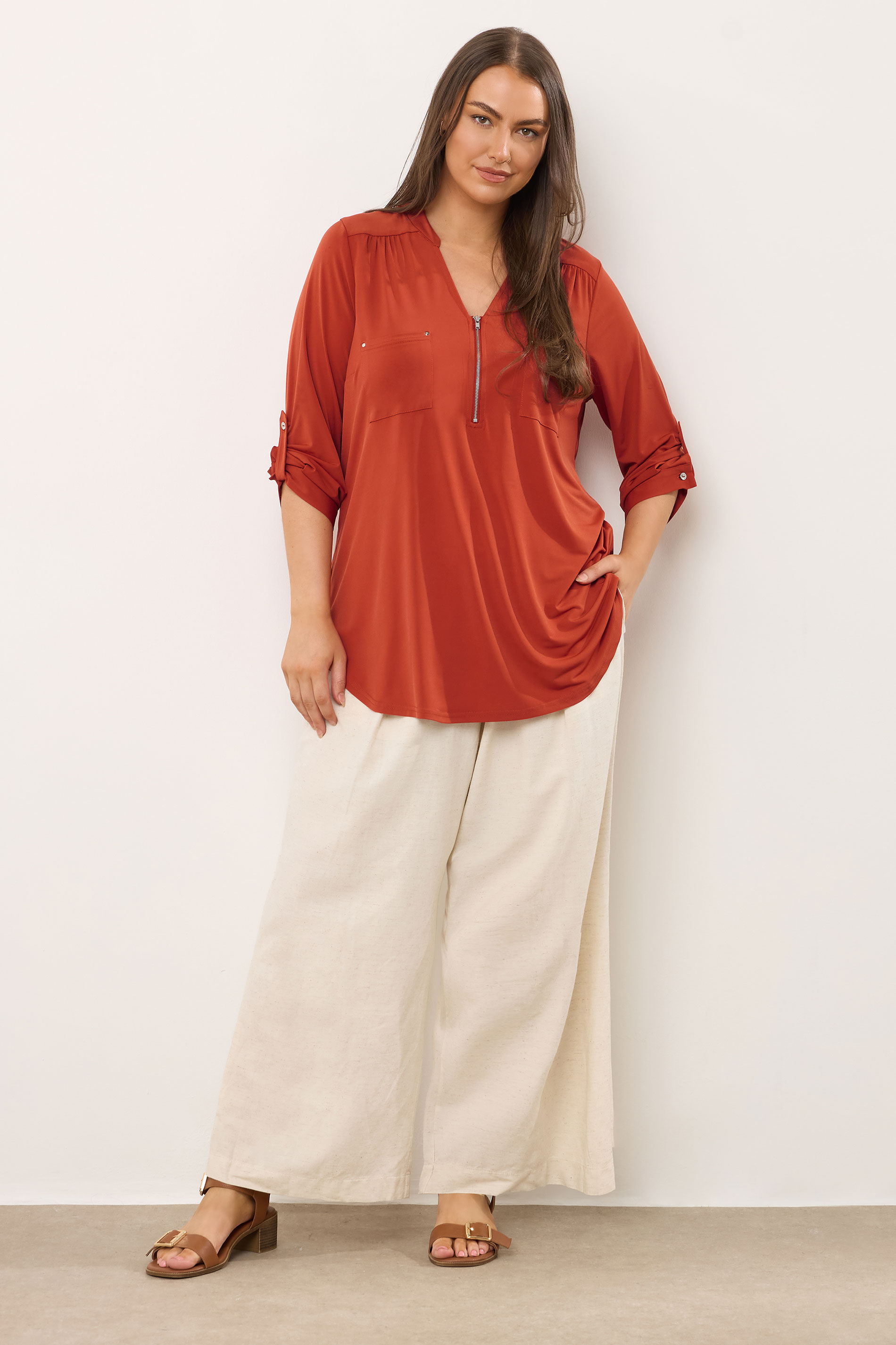 EVANS Plus Size Orange Zip Front Jersey Blouse | Evans  1
