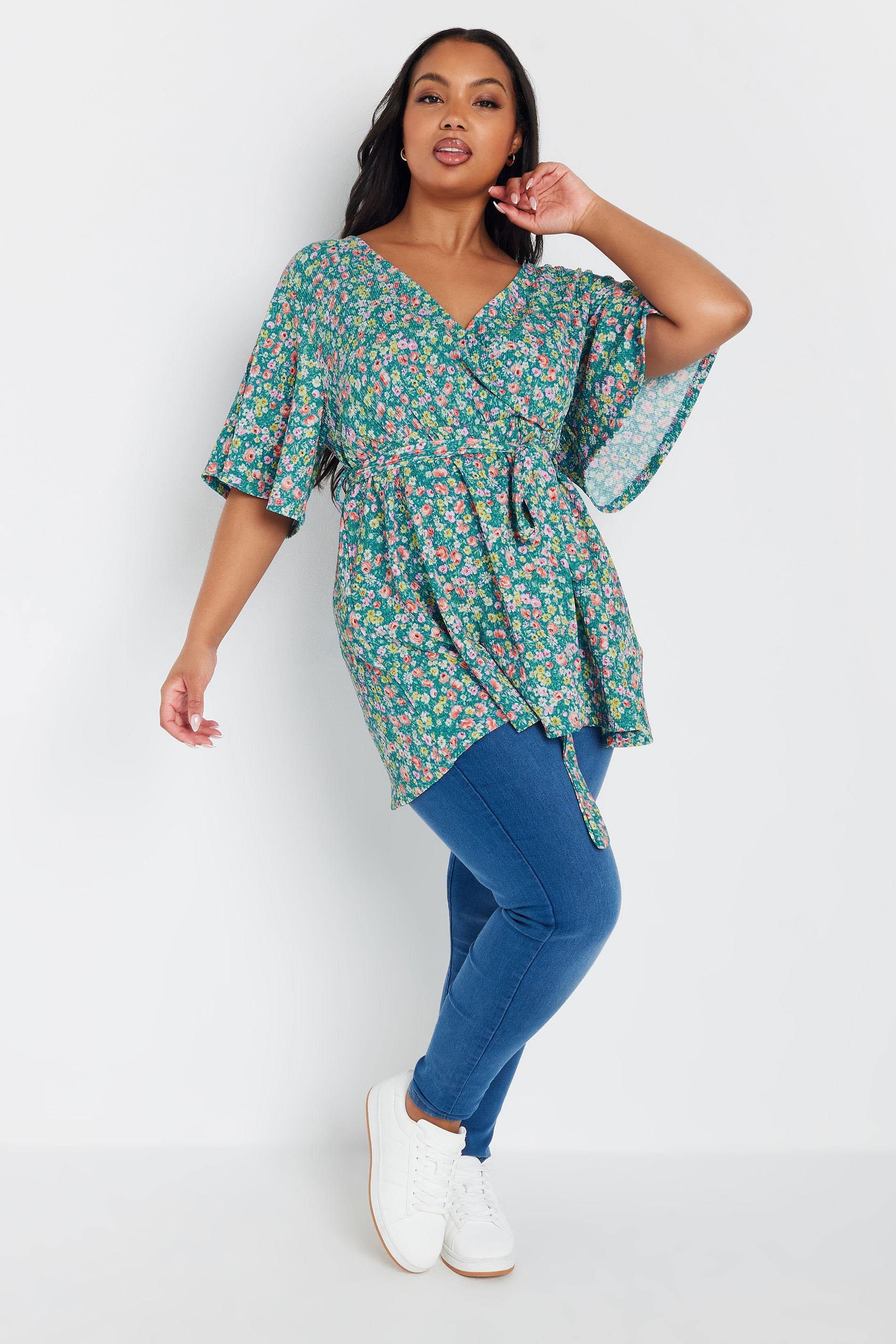 YOURS Plus Size Teal Blue Floral Wrap Textured Top | Yours Clothing 1