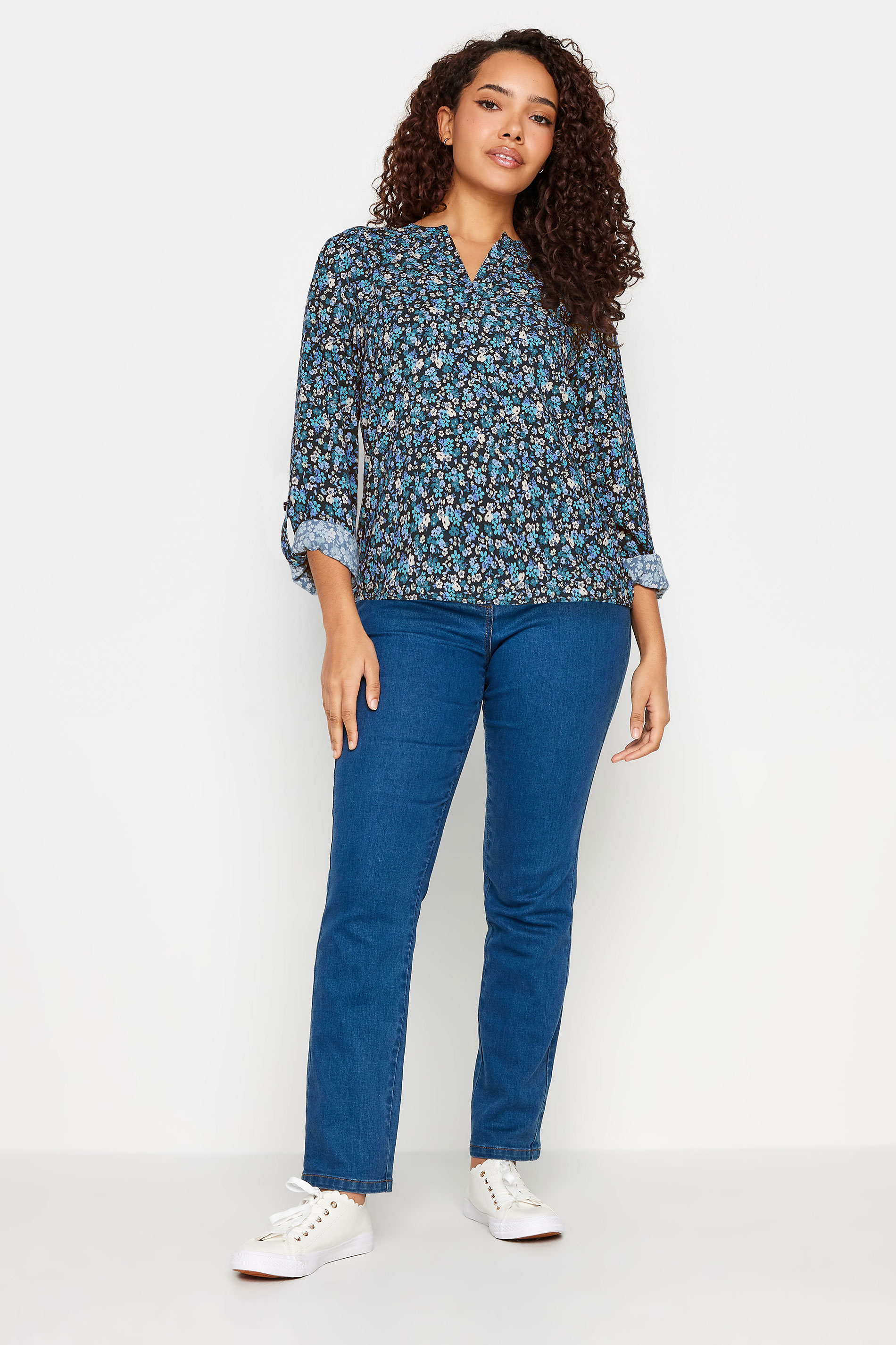 M&Co Blue Ditsy Floral Print V-Neck Shirt | M&Co 2