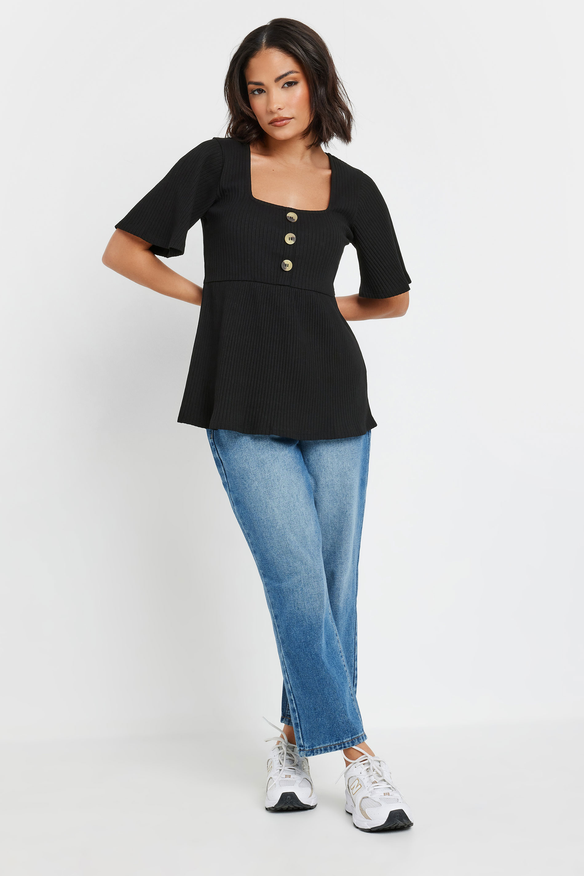 PixieGirl Petite Women's Black Ribbed Smock Top | PixieGirl 1