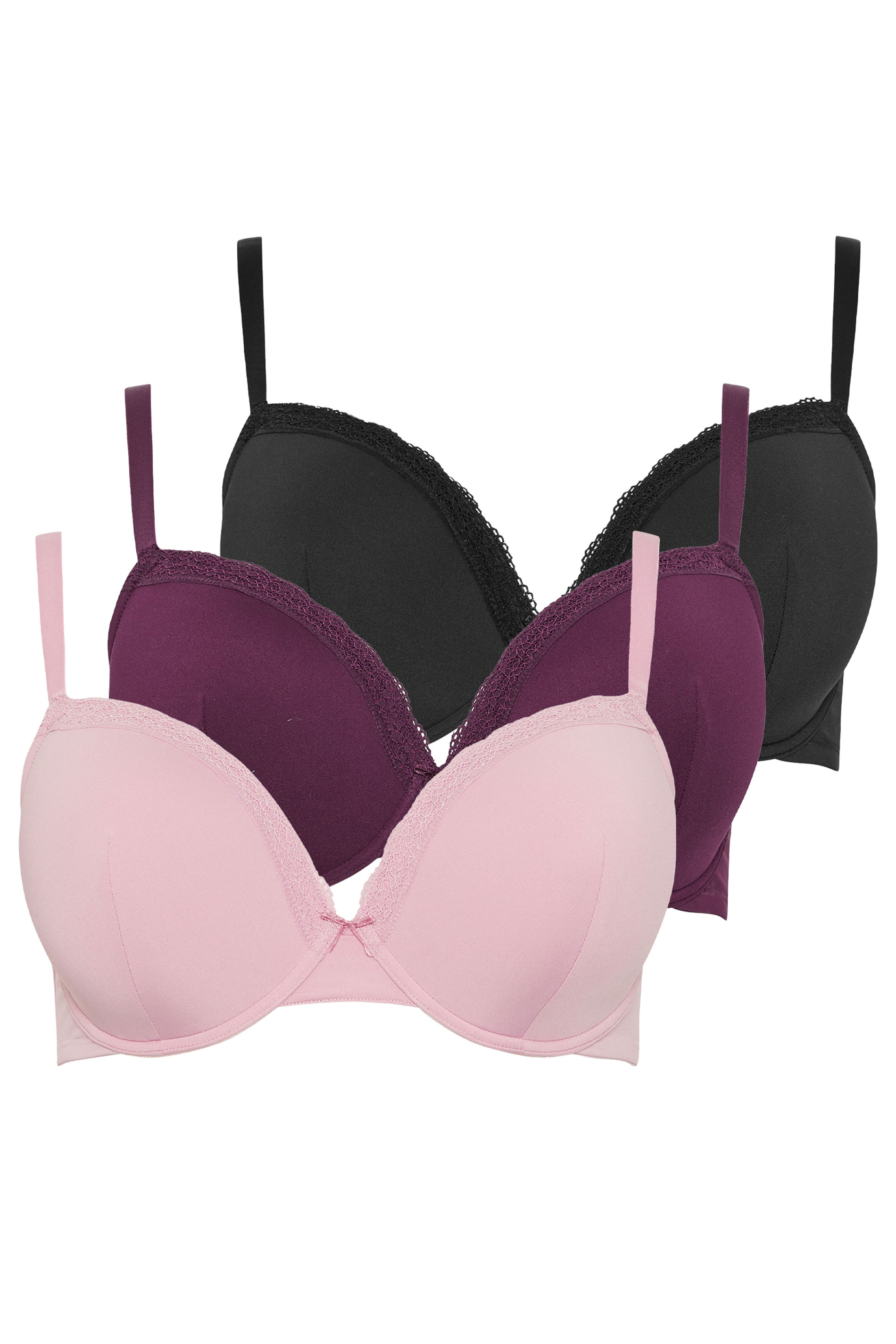 YOURSET 3 PACK Plus Size Purple & Pink Lace Trim Padded T-Shirt Bras | Yours Clothing 9