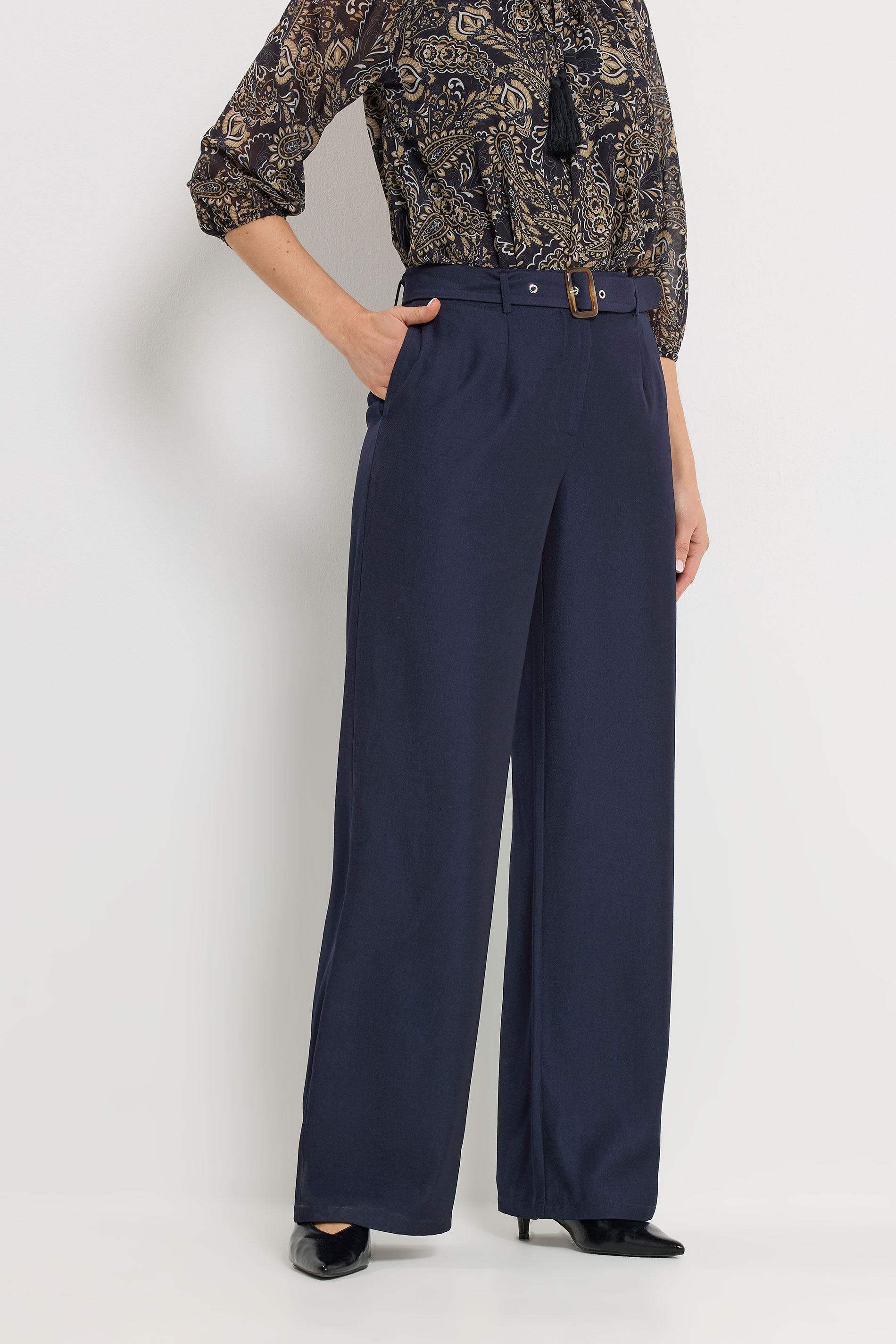 LTS Tall Women's Navy Blue Wide Leg Belted Trousers | Long Tall Sally 1