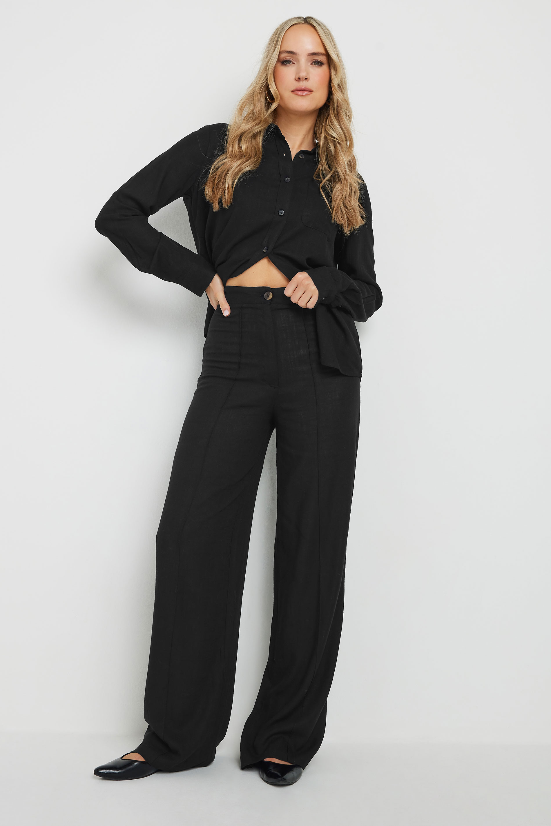 LTS Tall Black Linen Pleated Wide Leg Trousers | Long Tall Sally 3