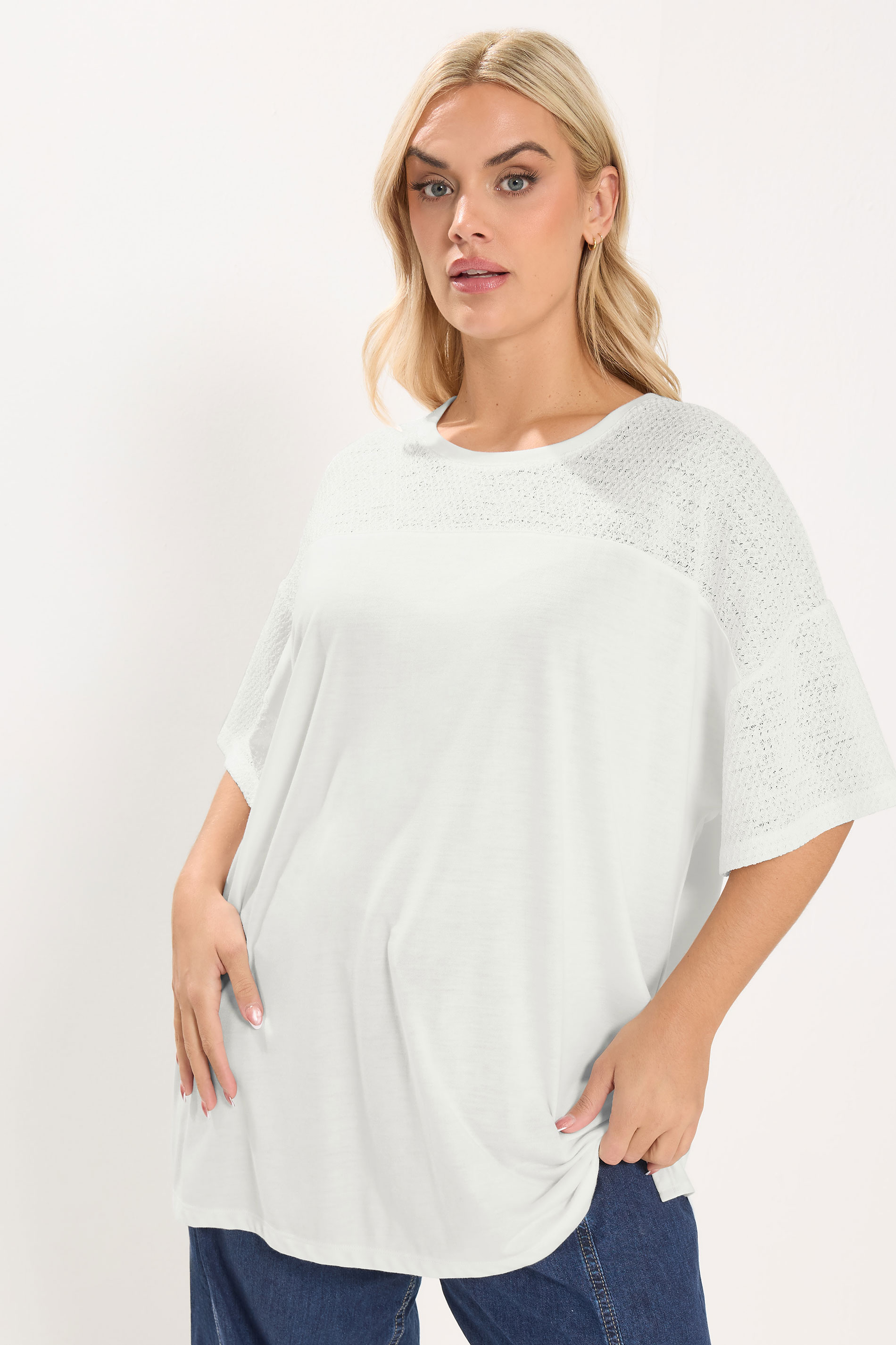 YOURS Plus Size White Woven Panel Oversized T-Shirt | Yours Clothing 3