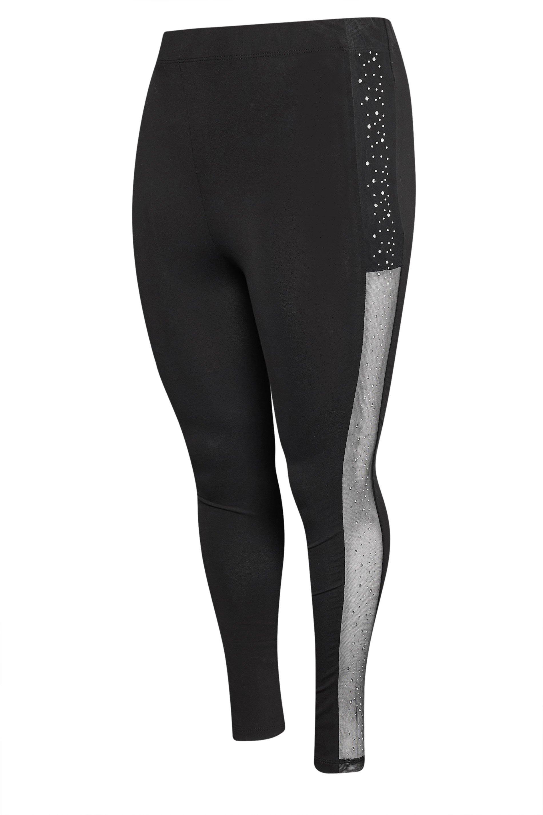 YOURS Plus Size Black Diamante Mesh Side Stripe Leggings | Yours Clothing 6
