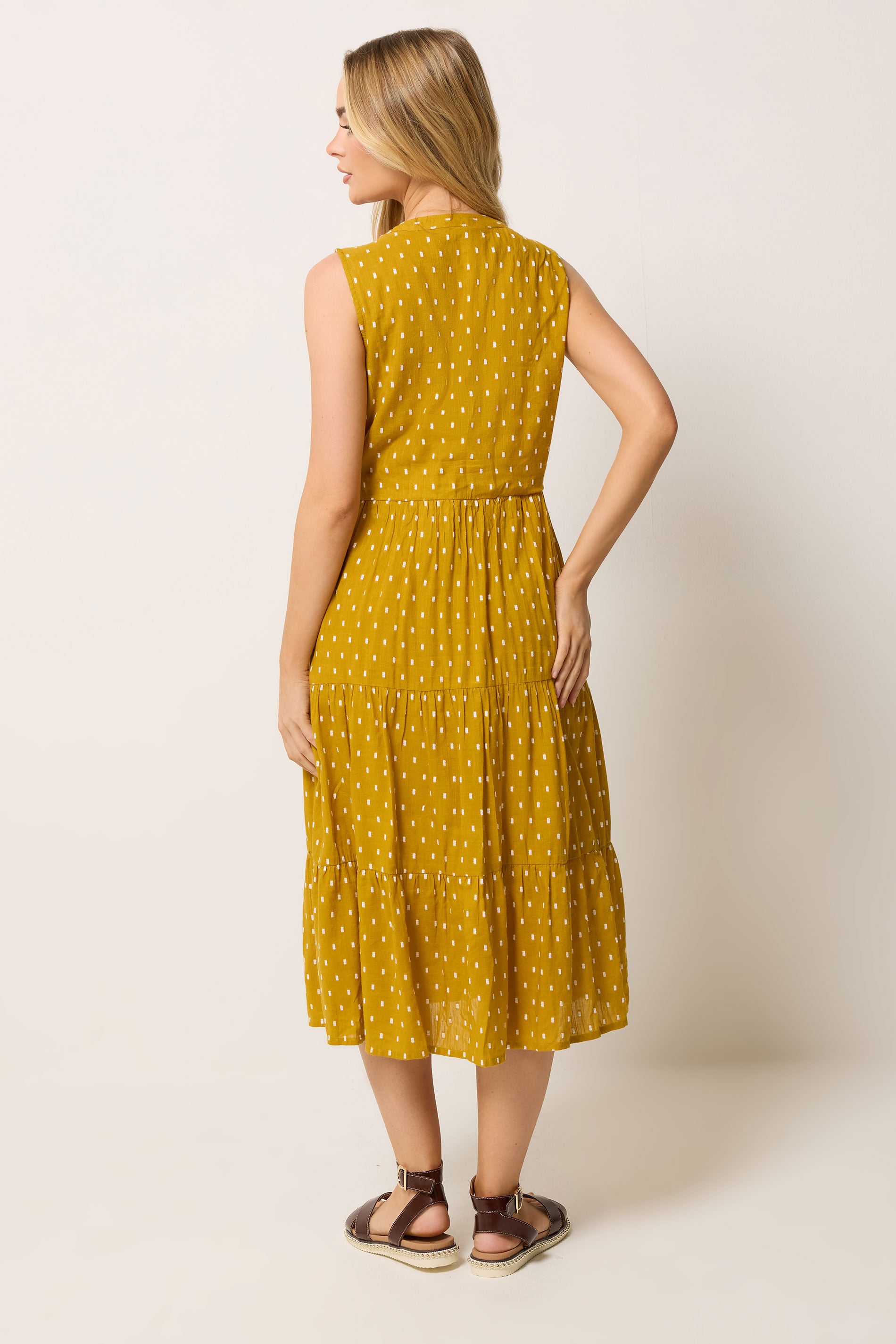 M&Co Yellow Dobby Sleeveless Tiered Cotton Midi Dress | M&Co 4
