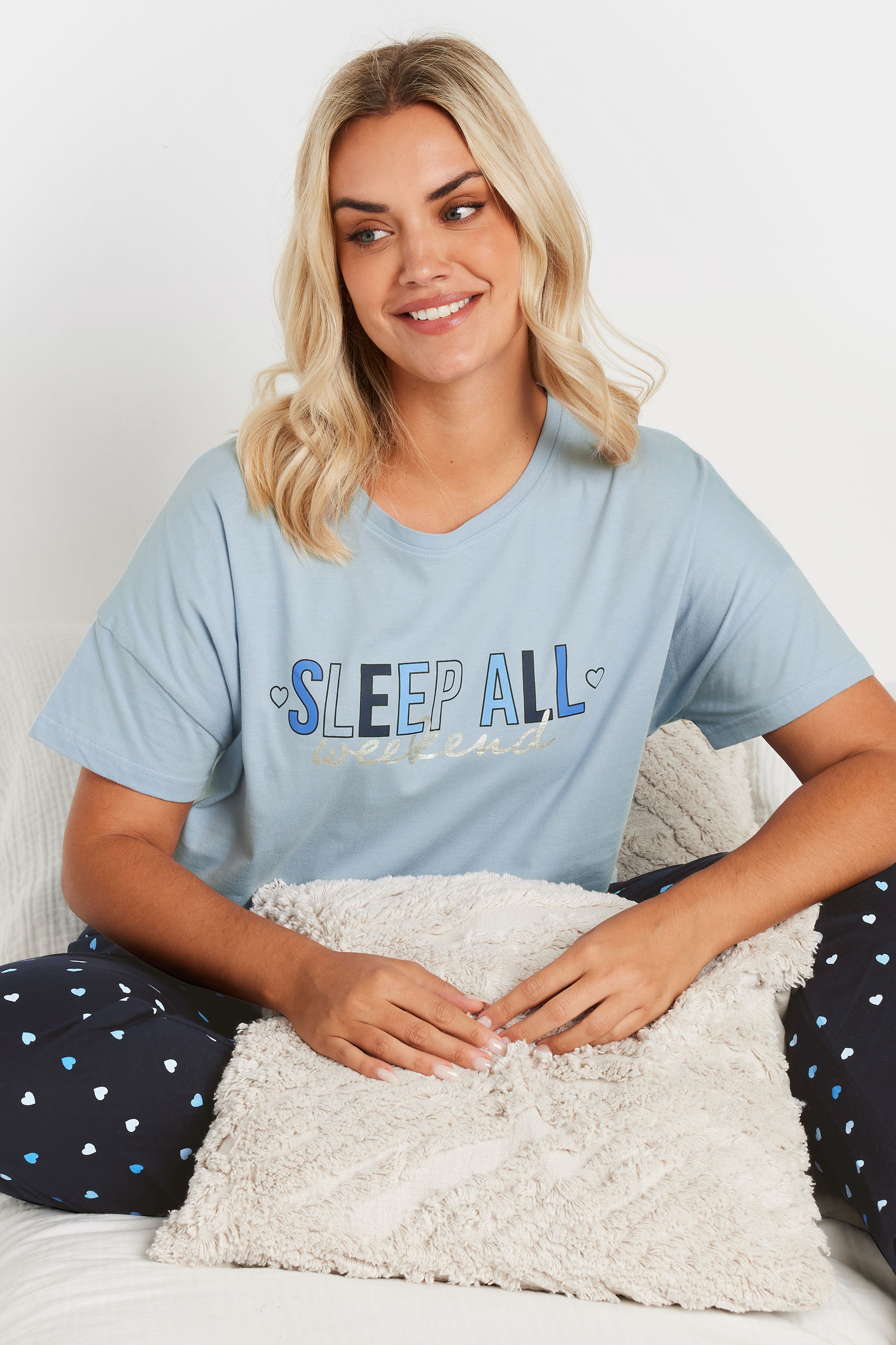 YOURS Plus Size Blue 'Sleep All Weekend' Wide Leg Pyjama Set | Yours Clothing 2