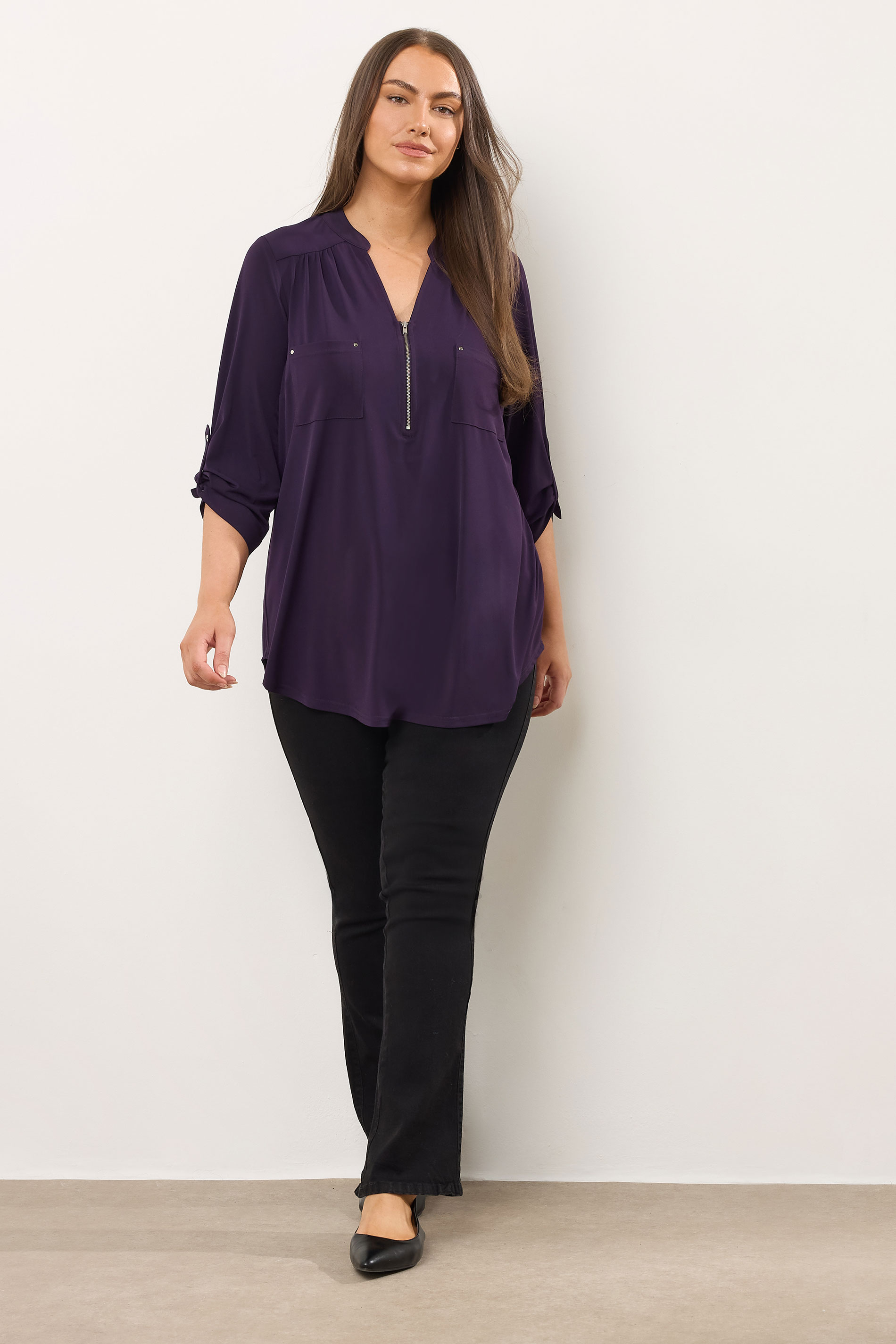 EVANS Plus Size Plum Purple Zip Front Jersey Blouse | Evans  1