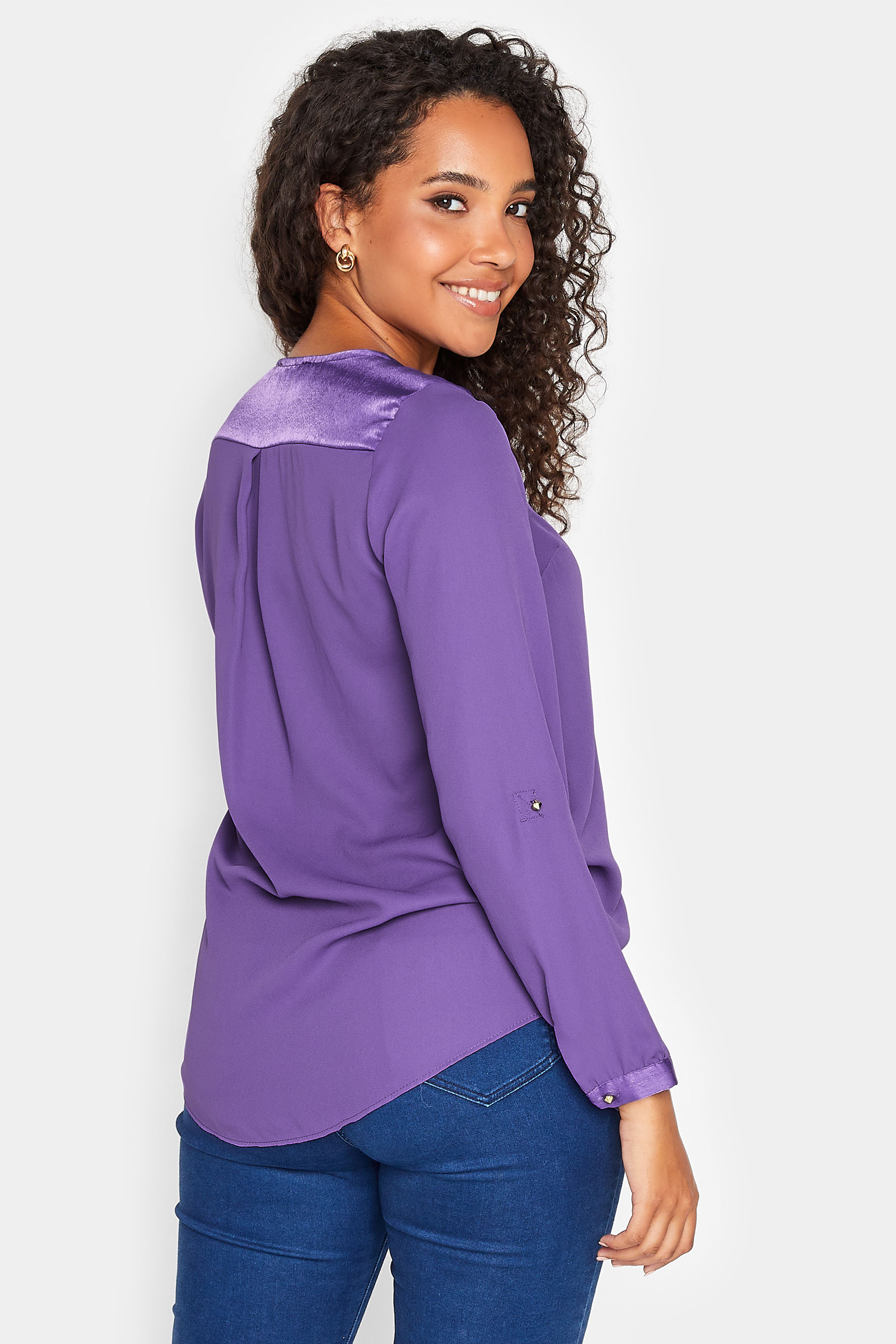 M&Co Purple Satin Contrast Panel Shirt | M&Co 3