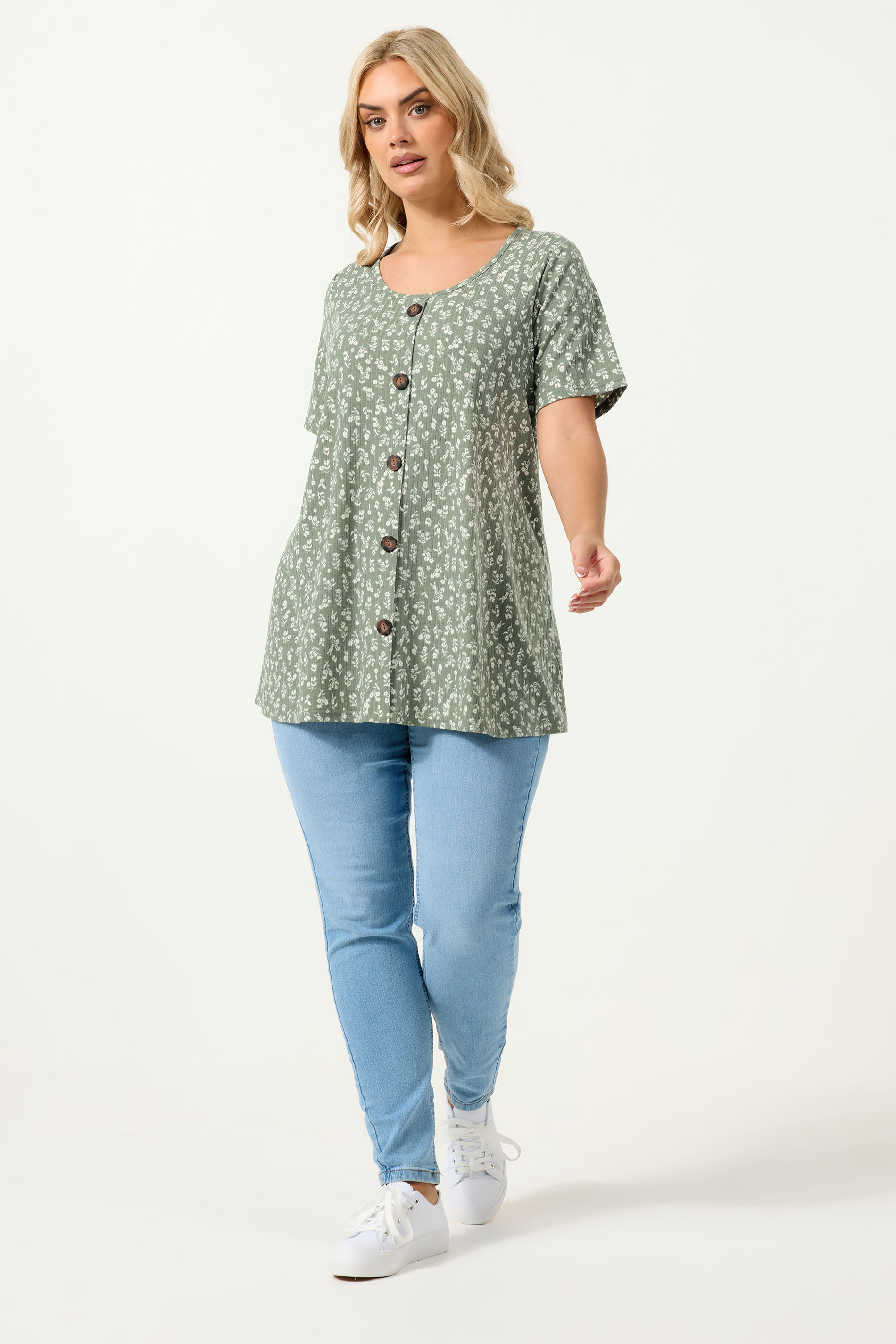 YOURS Plus Size Sage Green Floral Ribbed Swing Top | Yours Clothing 1