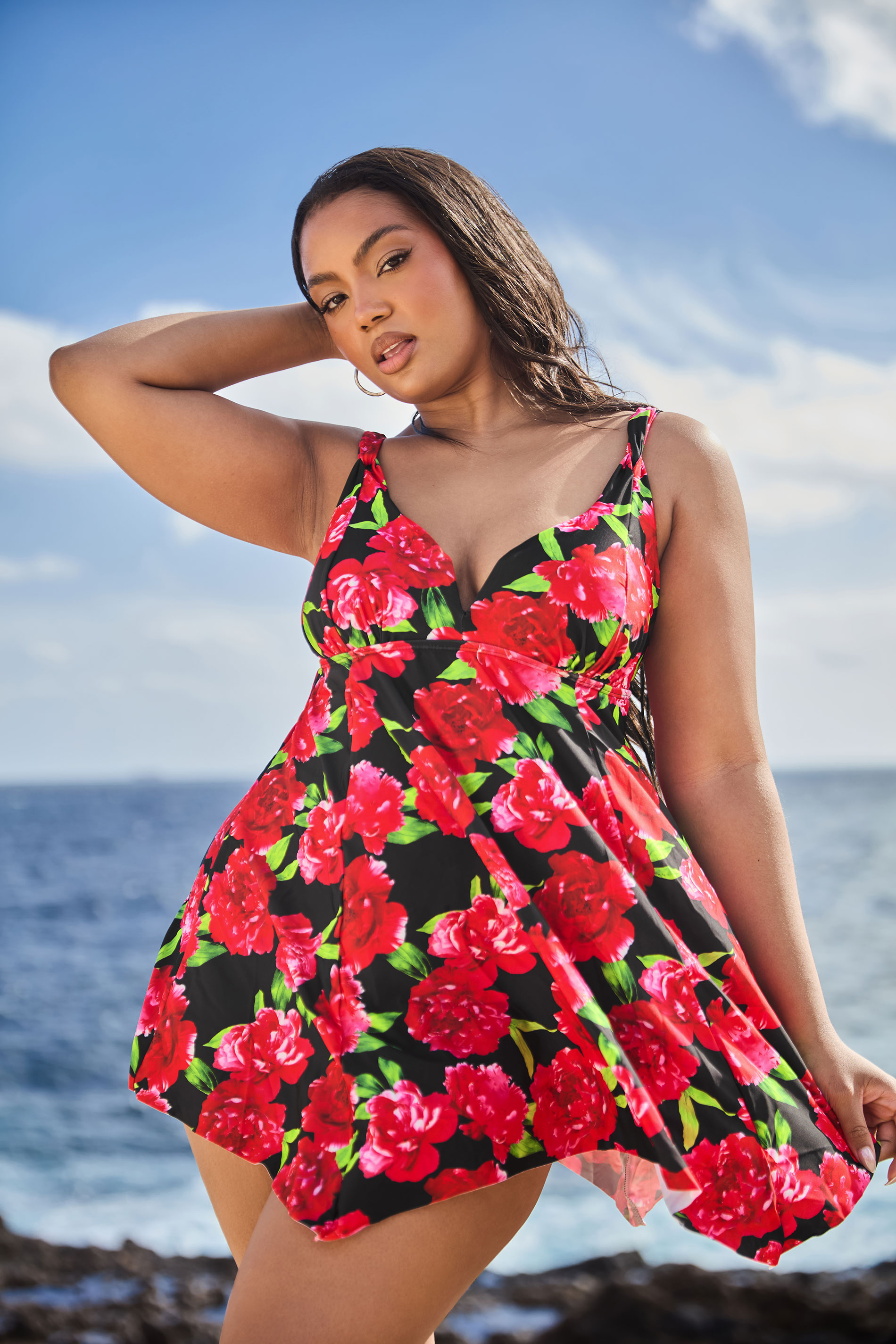 YOURS Plus Size Red Floral Print Hanky Hem Swim Dress | Yours Clothing 3