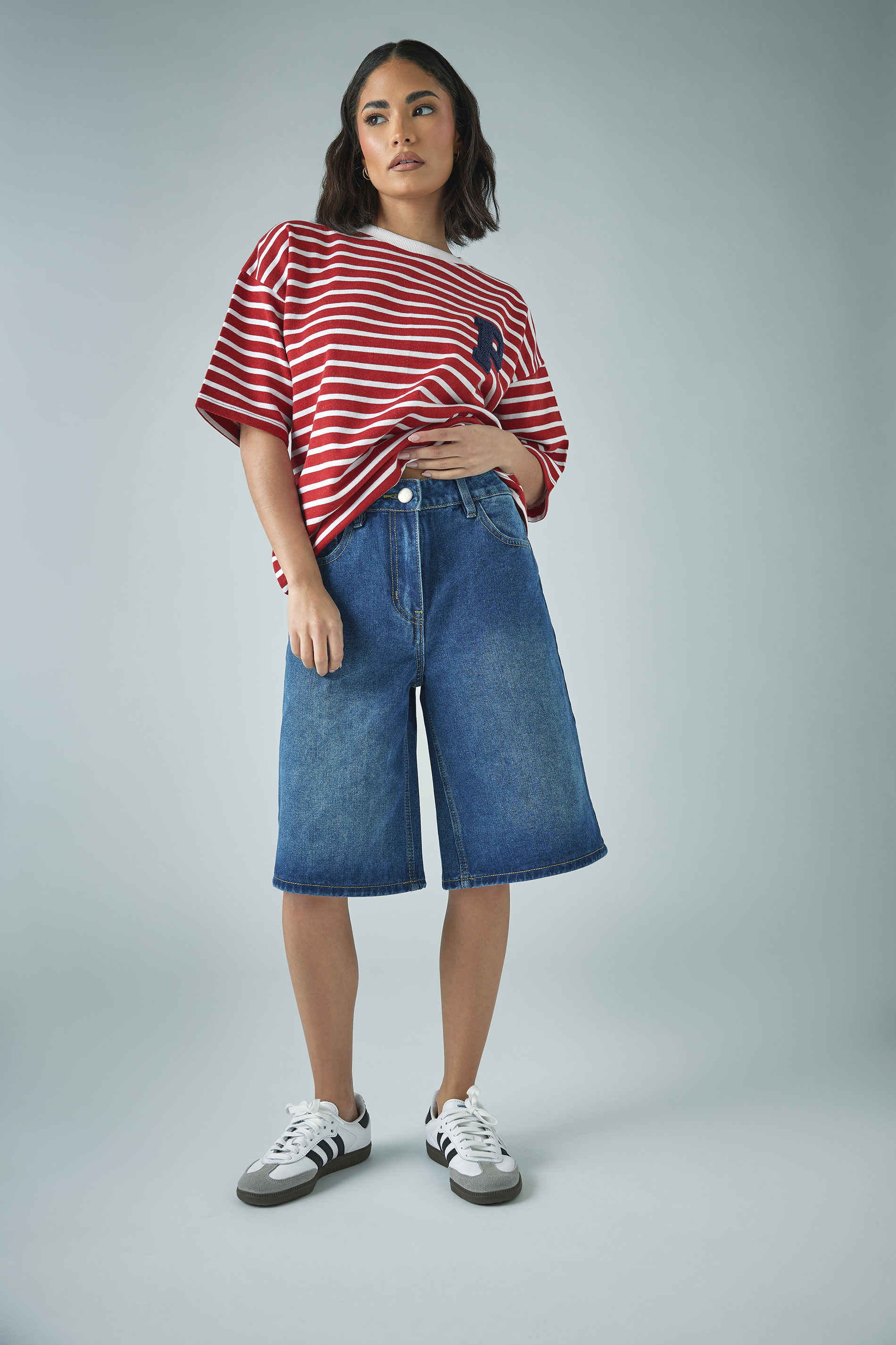 PixieGirl Petite Women's Mid Blue Cotton Denim Jorts | PixieGirl 6