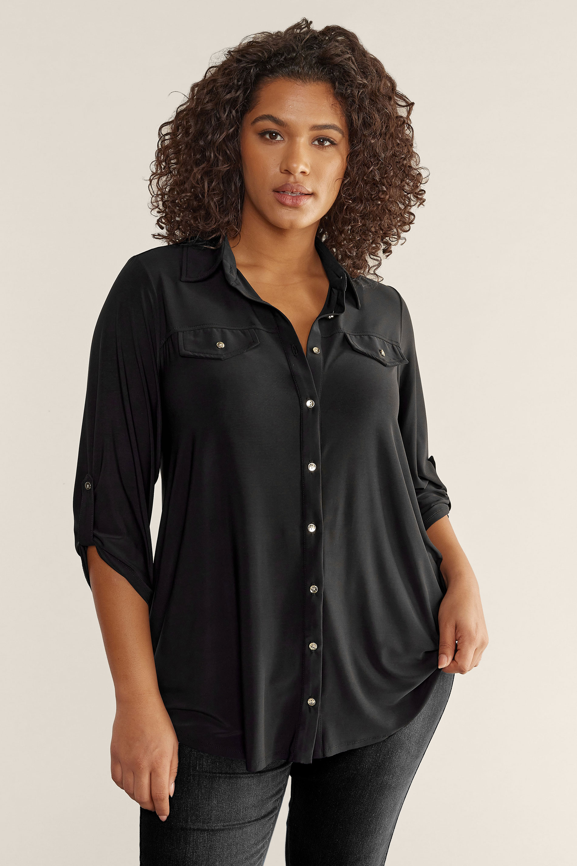Evans Plus Size Black Tab Sleeve Blouse | Evans 1