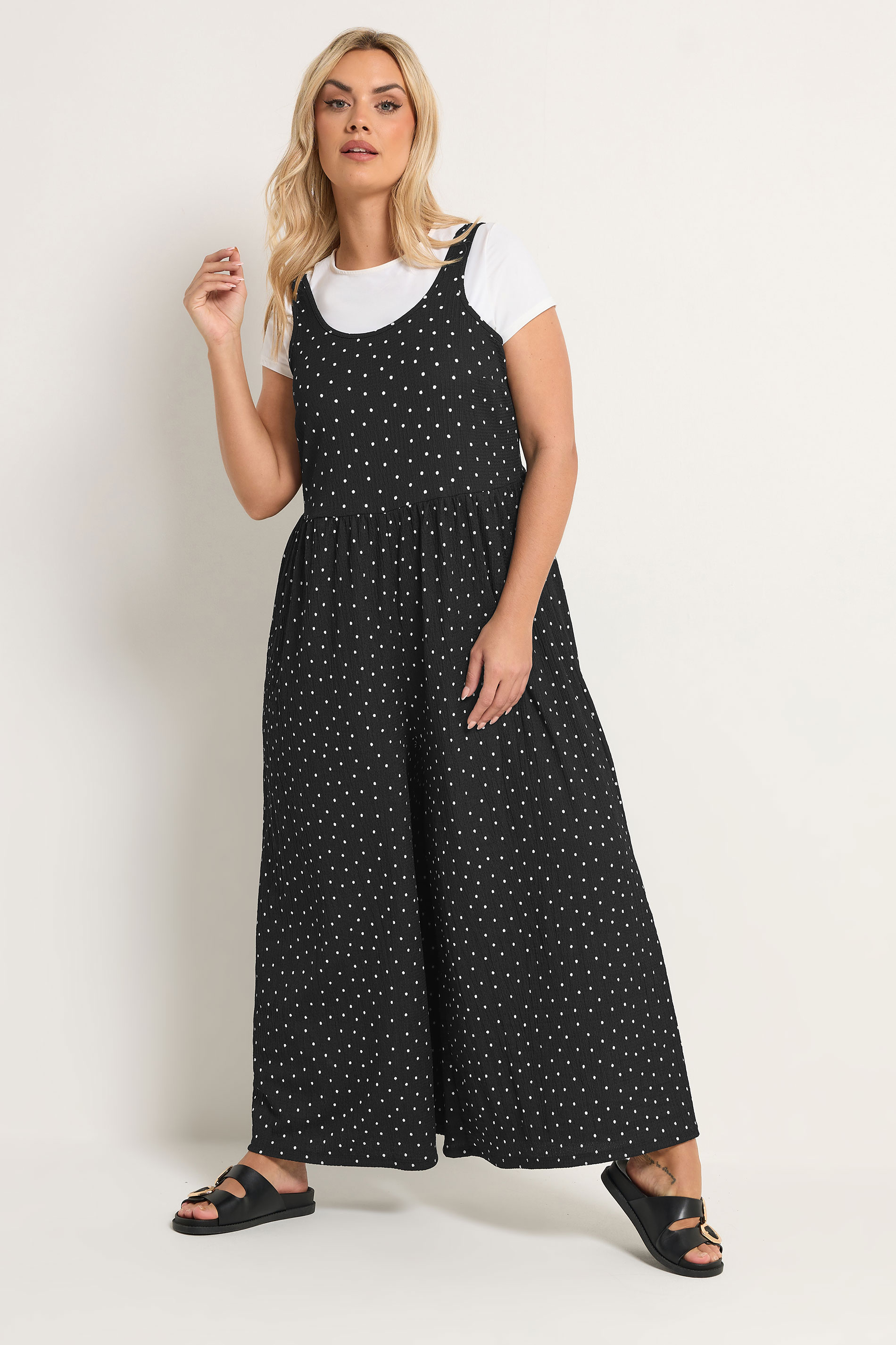 YOURS Plus Size Black Polka Dot Textured Jumpsuit | Yours Clothing 3