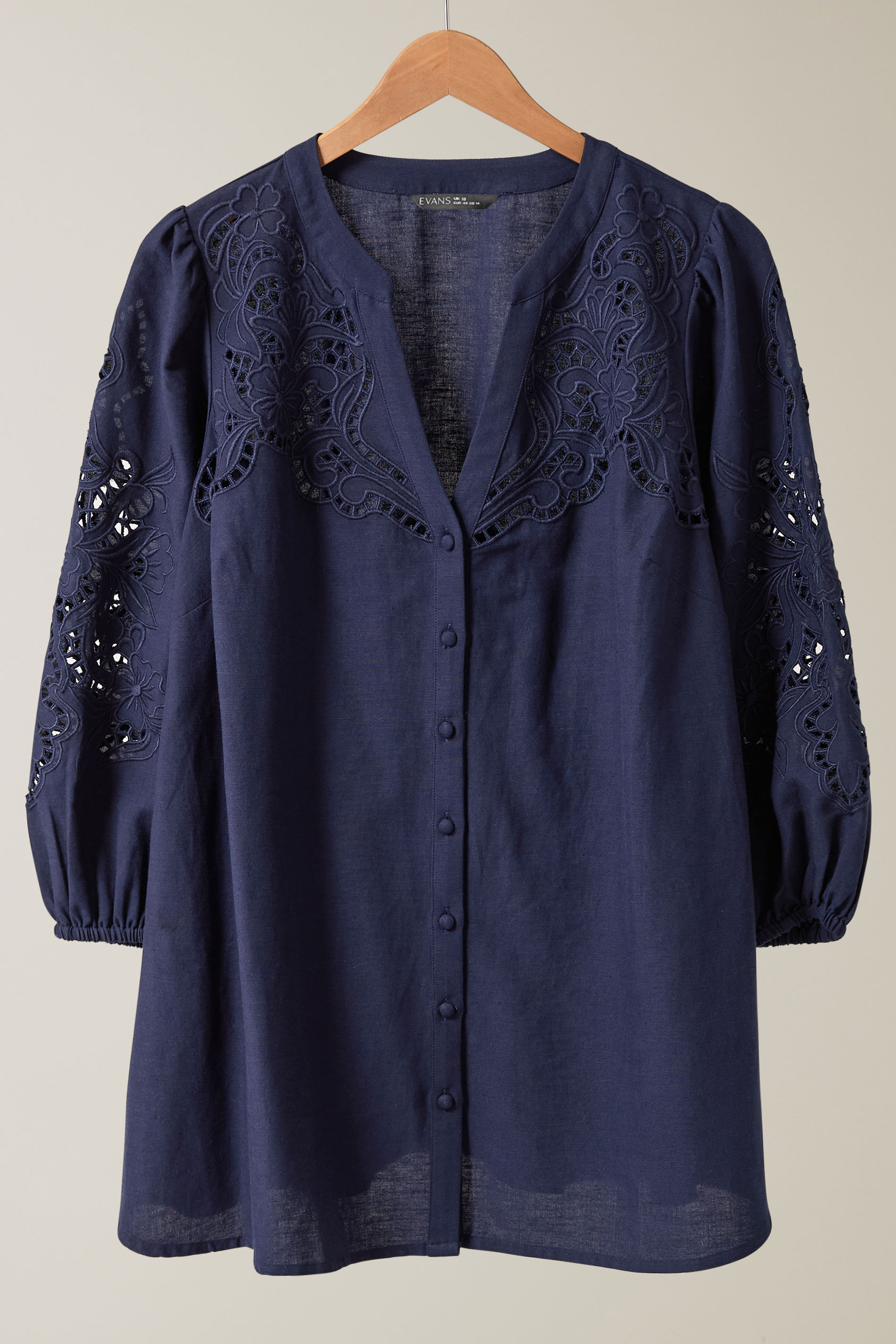 EVANS Plus Size Navy Blue Cutwork Linen Blouse | Evans 5