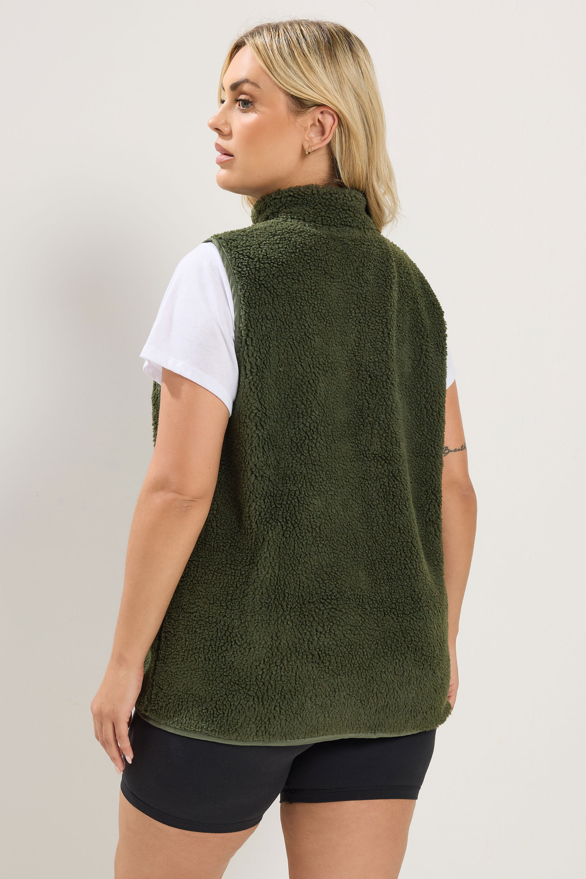 YOURS Plus Size Khaki Green Borg Zip Pocket Gilet | Yours Clothing 5
