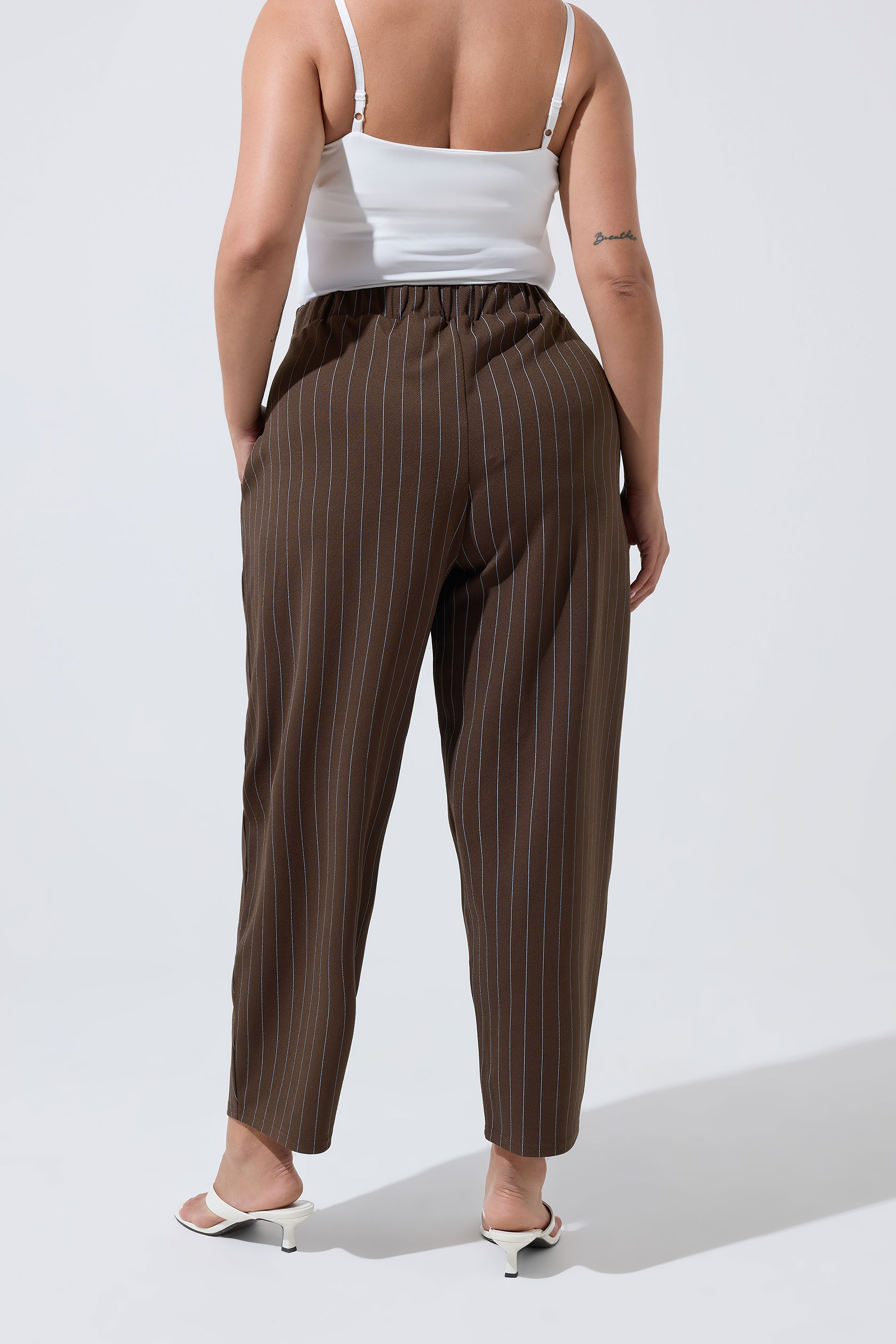 LIMITED COLLECTION Plus Size Chocolate Brown & Blue Pinstripe Barrel Leg Trousers | Yours Clothing 2