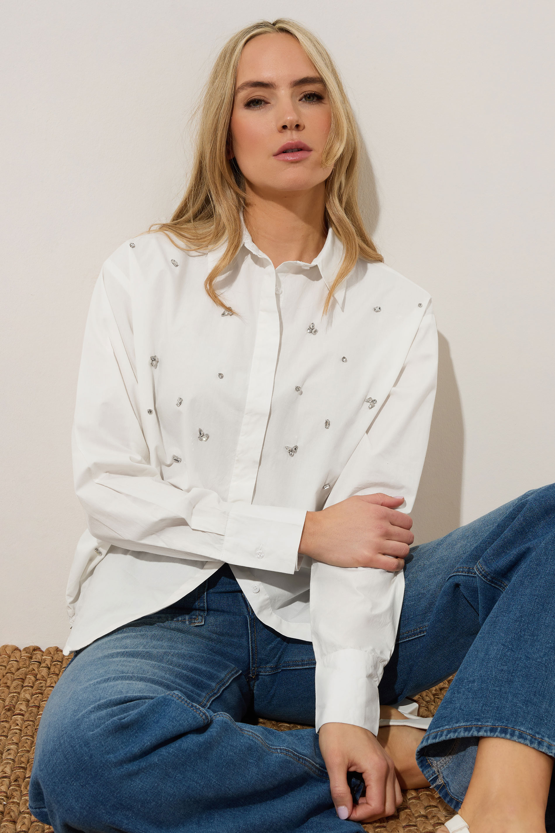 LTS Tall White Embellished Long Sleeve Cotton Shirt | Long Tall Sally 1