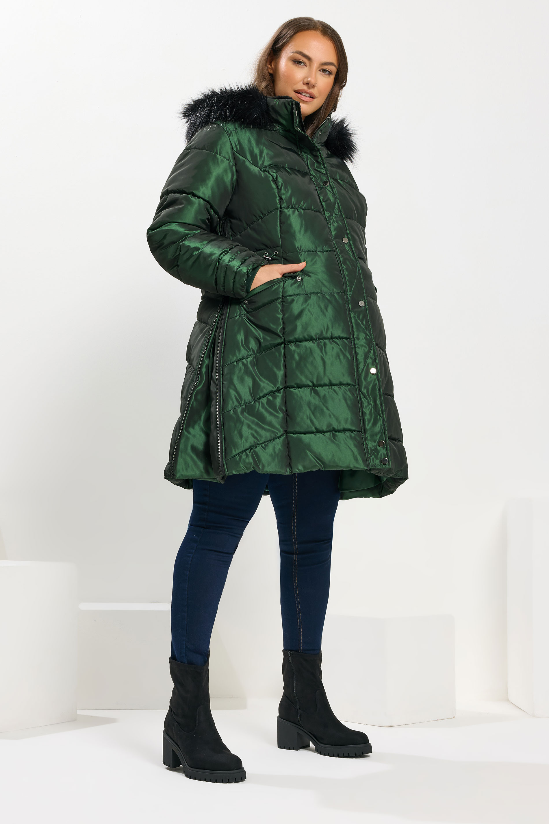 BUMP IT UP Maternity Plus Size Green Panelled Puffer Midi Coat | Yours Clothing 1