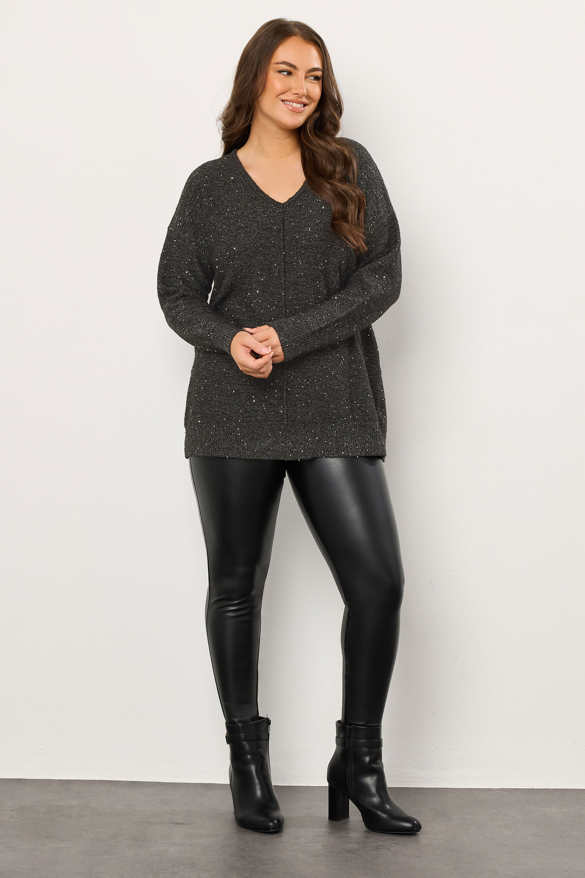EVANS Plus Size Black Sequin Embellished V-Neck Jumper | Evans 1