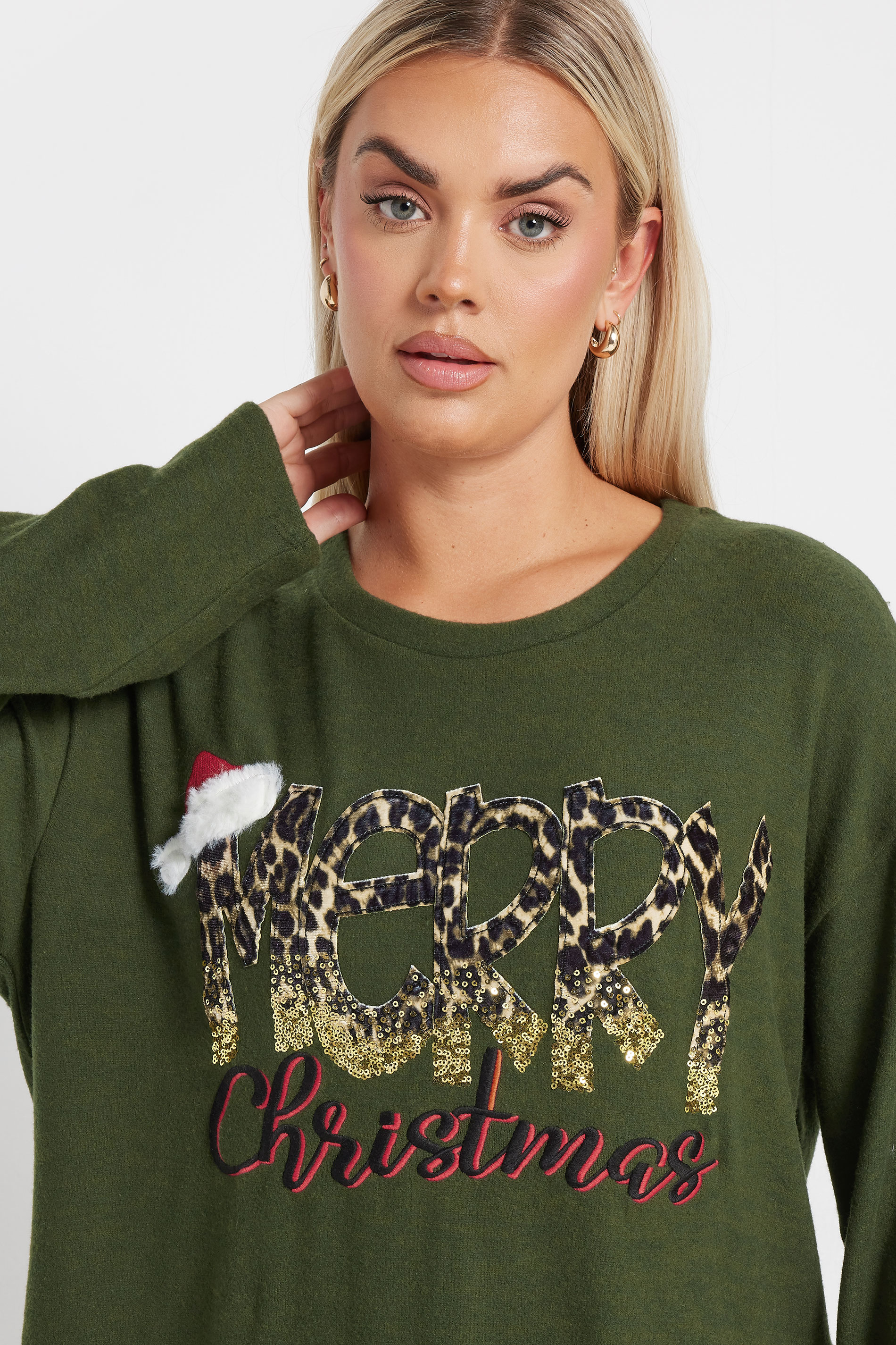YOURS Plus Size Khaki Green 'Merry Christmas' Sequin Embellished Sweatshirt | Yours Clothing  4