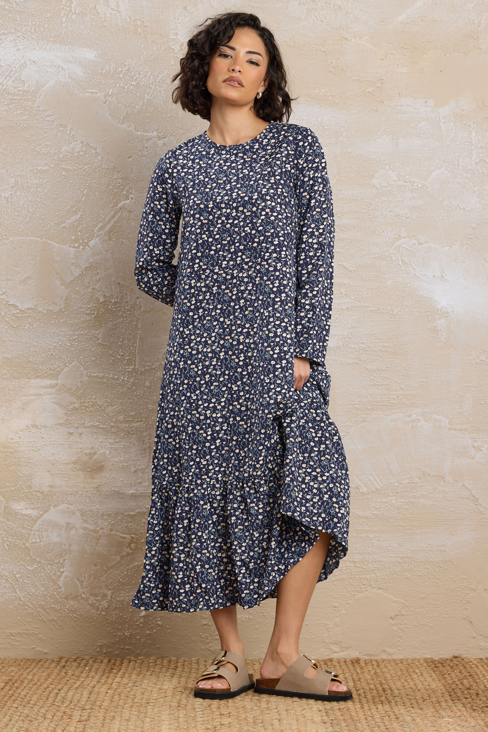 PixieGirl Petite Women's Navy Blue Floral Tiered Maxi Dress | PixieGirl 5