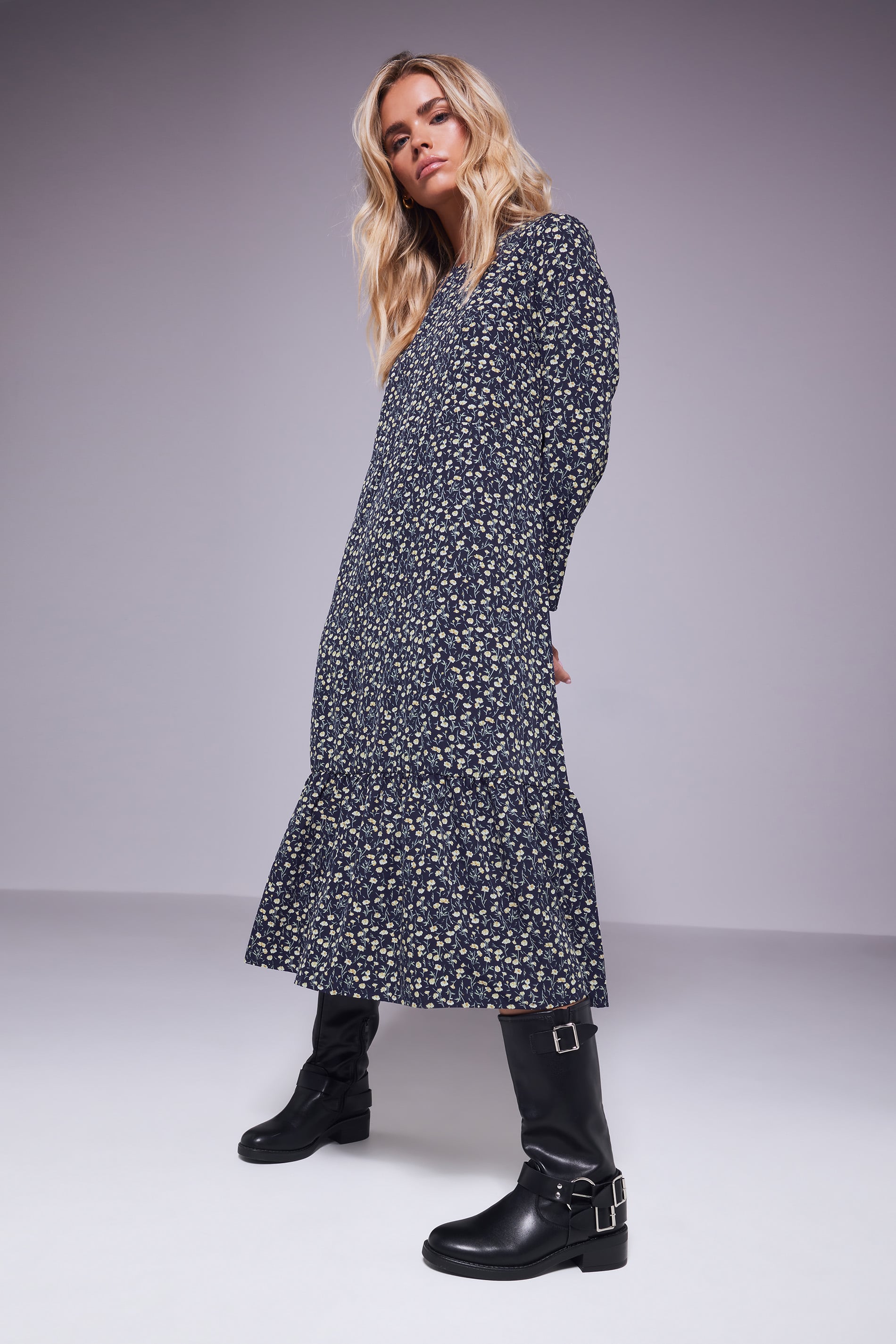 PixieGirl Petite Women's Navy Blue Floral Tiered Maxi Dress | PixieGirl 1