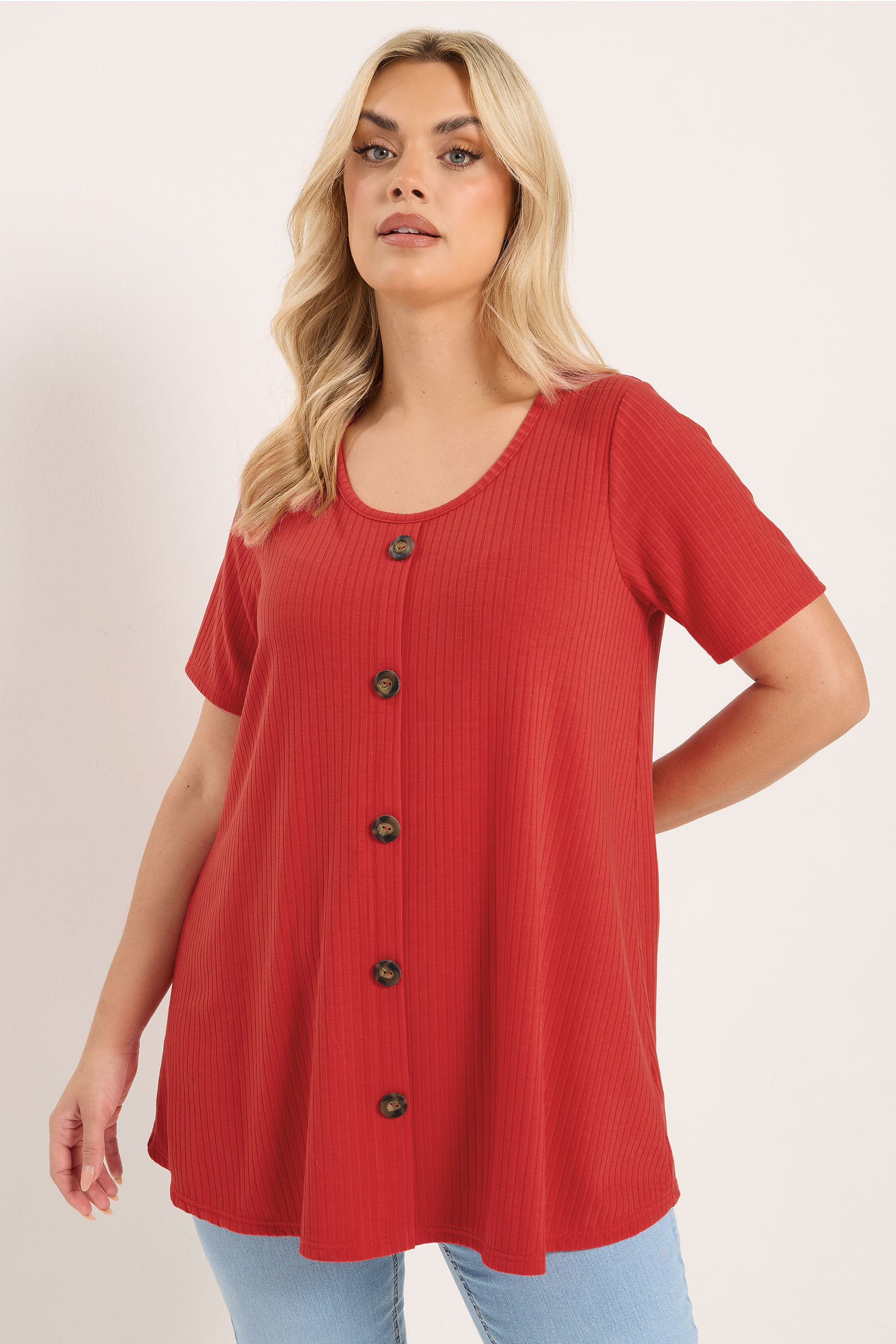 YOURS Plus Size Red Button Front Ribbed Swing Top | Yours Clothing 1