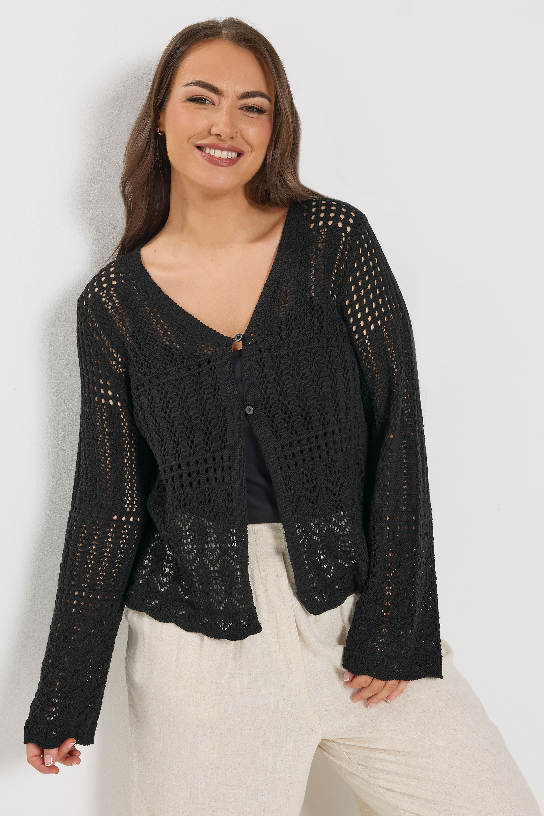 YOURS Plus Size Black Pointelle Knitted Cardigan | Yours Clothing 3