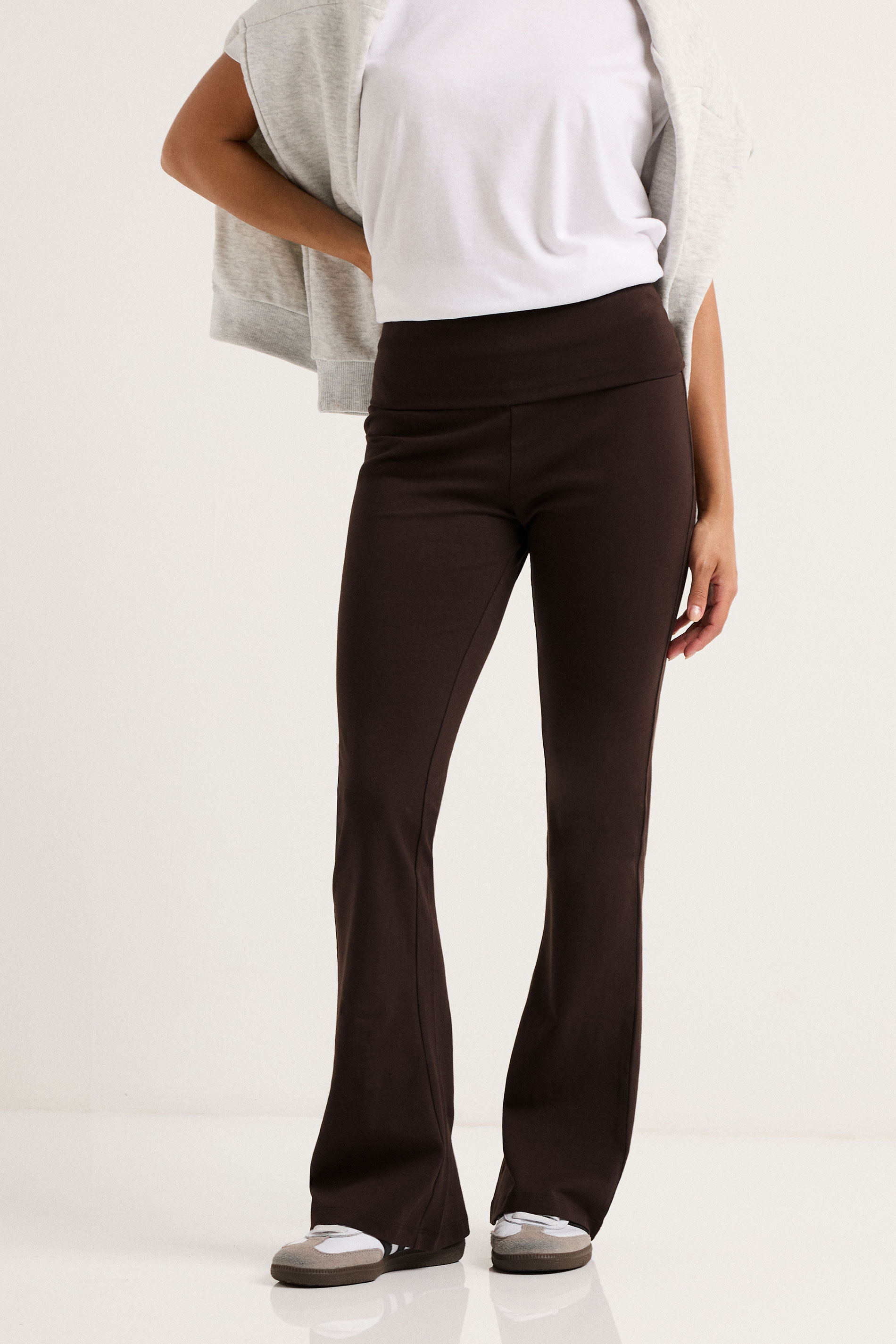 PixieGirl Petite Women's Chocolate Brown Fold Over Flared Leggings | PixieGirl 1