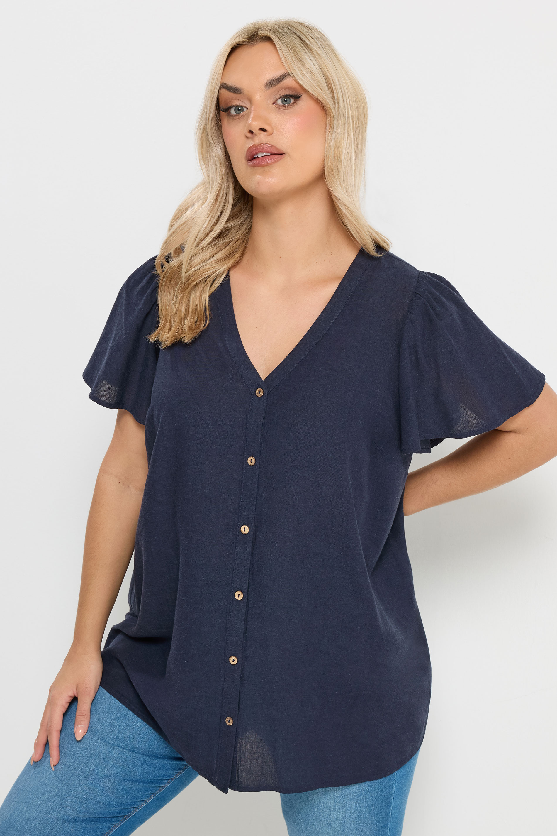 YOURS Plus Size Navy Blue Button Through Linen Blouse | Yours Clothing 3