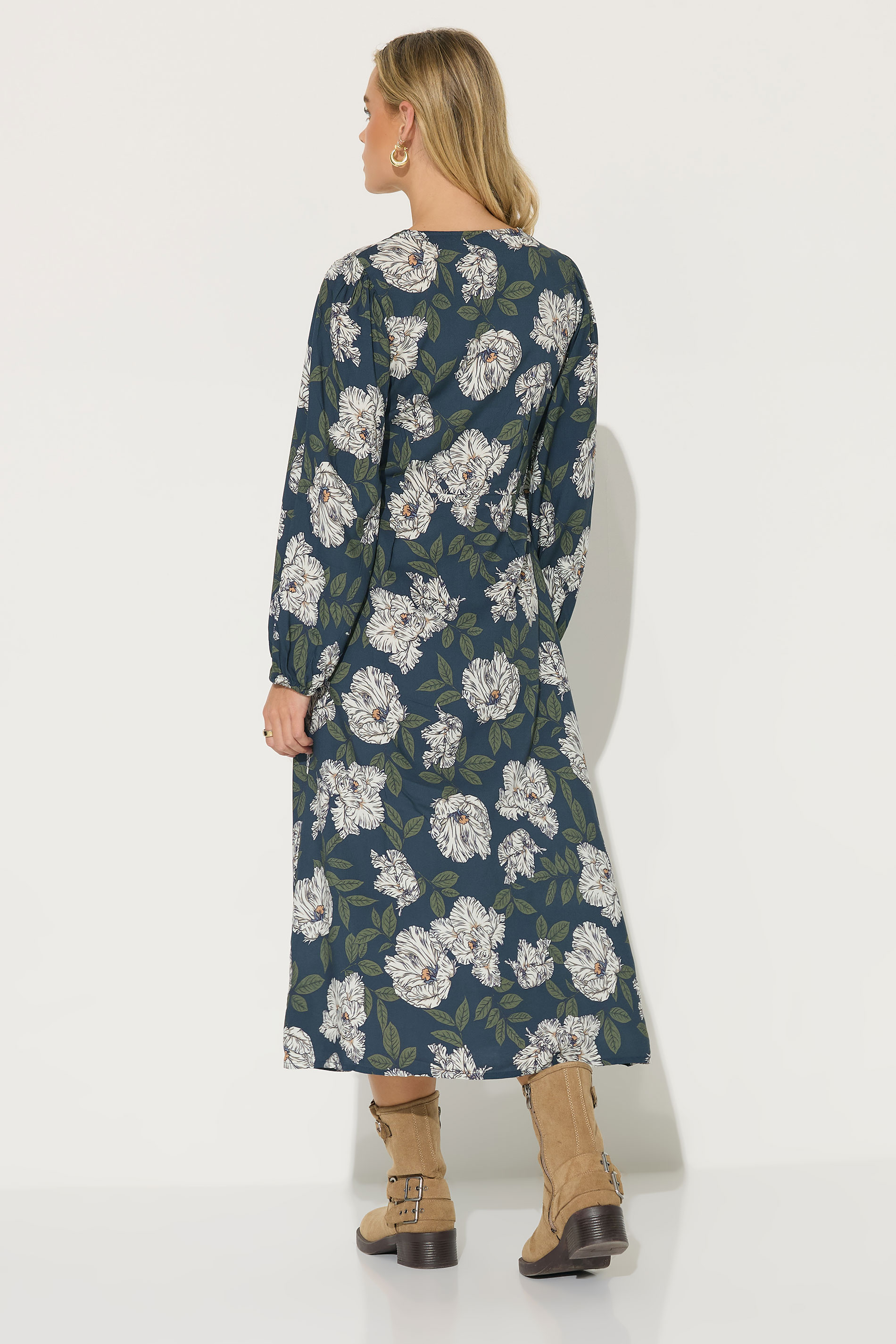PixieGirl Petite Women's Navy Blue Floral Midi Tea Dress | PixieGirl 2