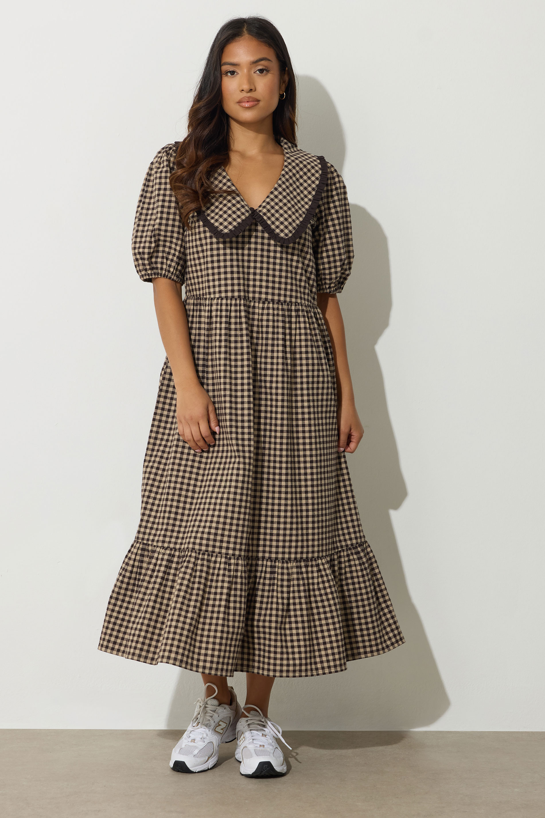 PixieGirl Petite Women's Brown Gingham Big Collar Cotton Maxi Dress | PixieGirl 2