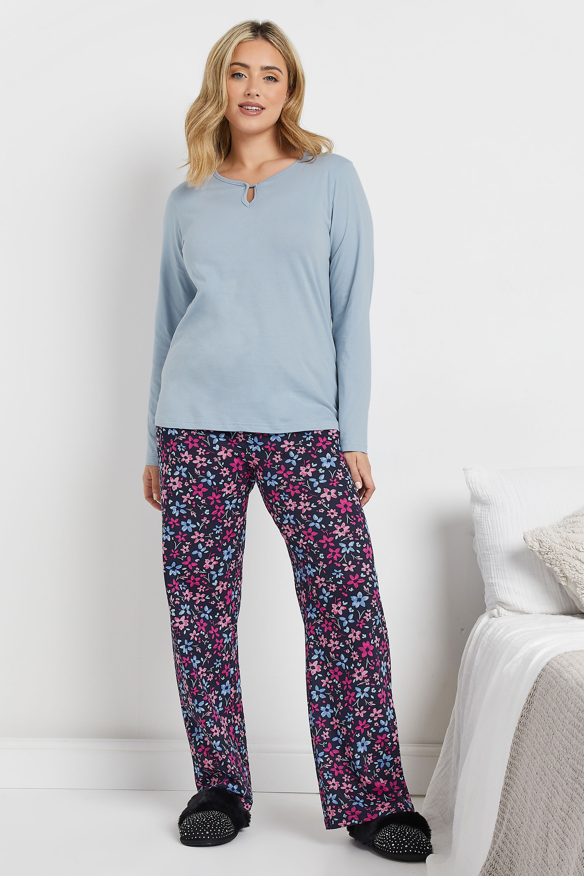 M&Co Blue & Purple Cotton Floral Wide Leg Pyjama Set | M&Co 1