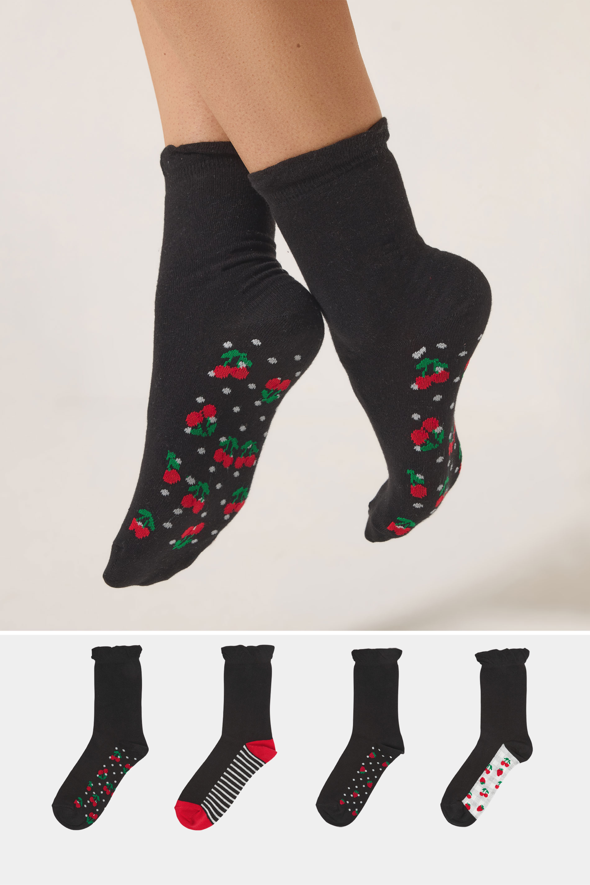 YOURSET 4 PACK Plus Size Black Berry Print Ankle Socks | Yours Clothing 1