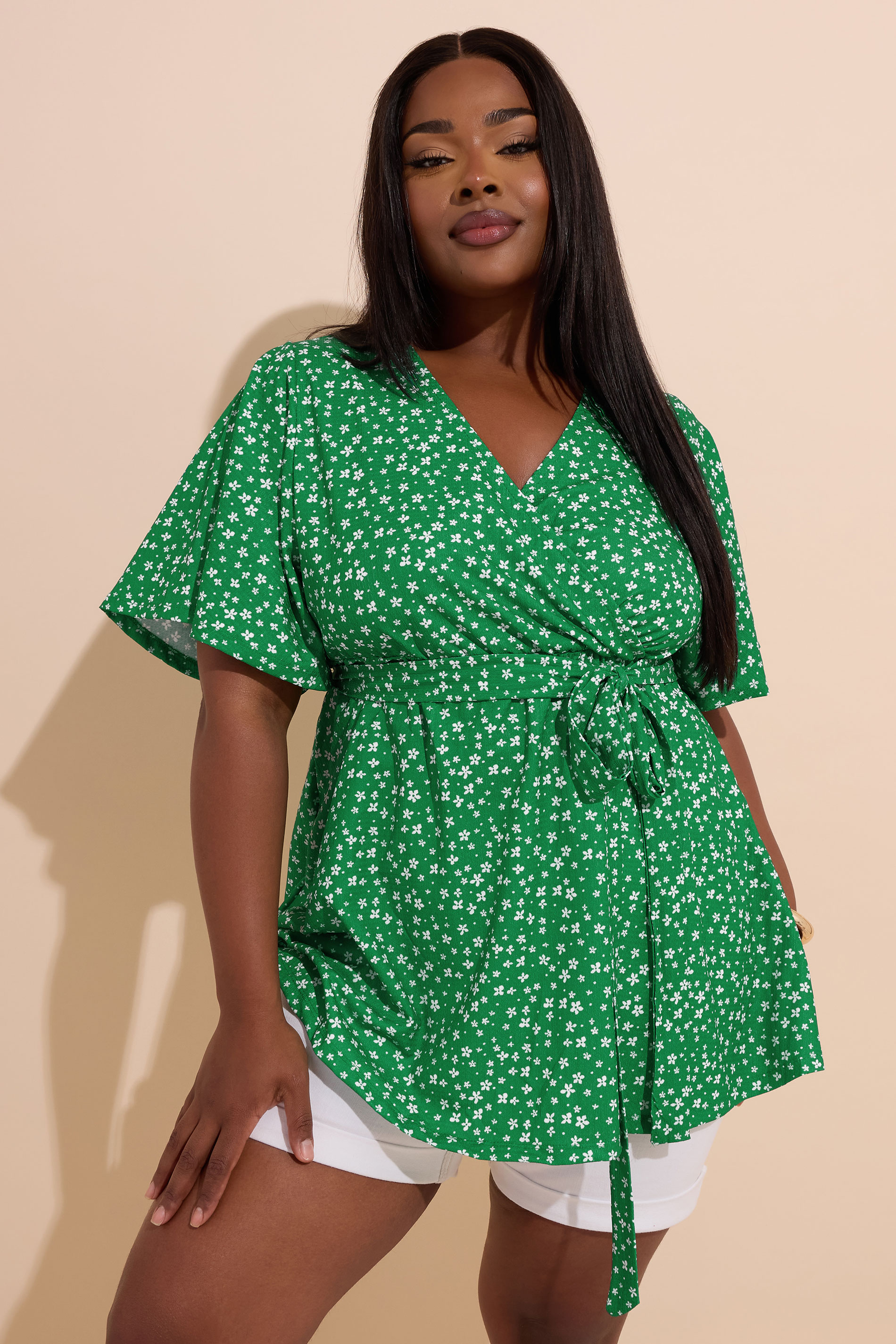 YOURS Plus Size Green Ditsy Floral Print Wrap Top | Yours Clothing 3