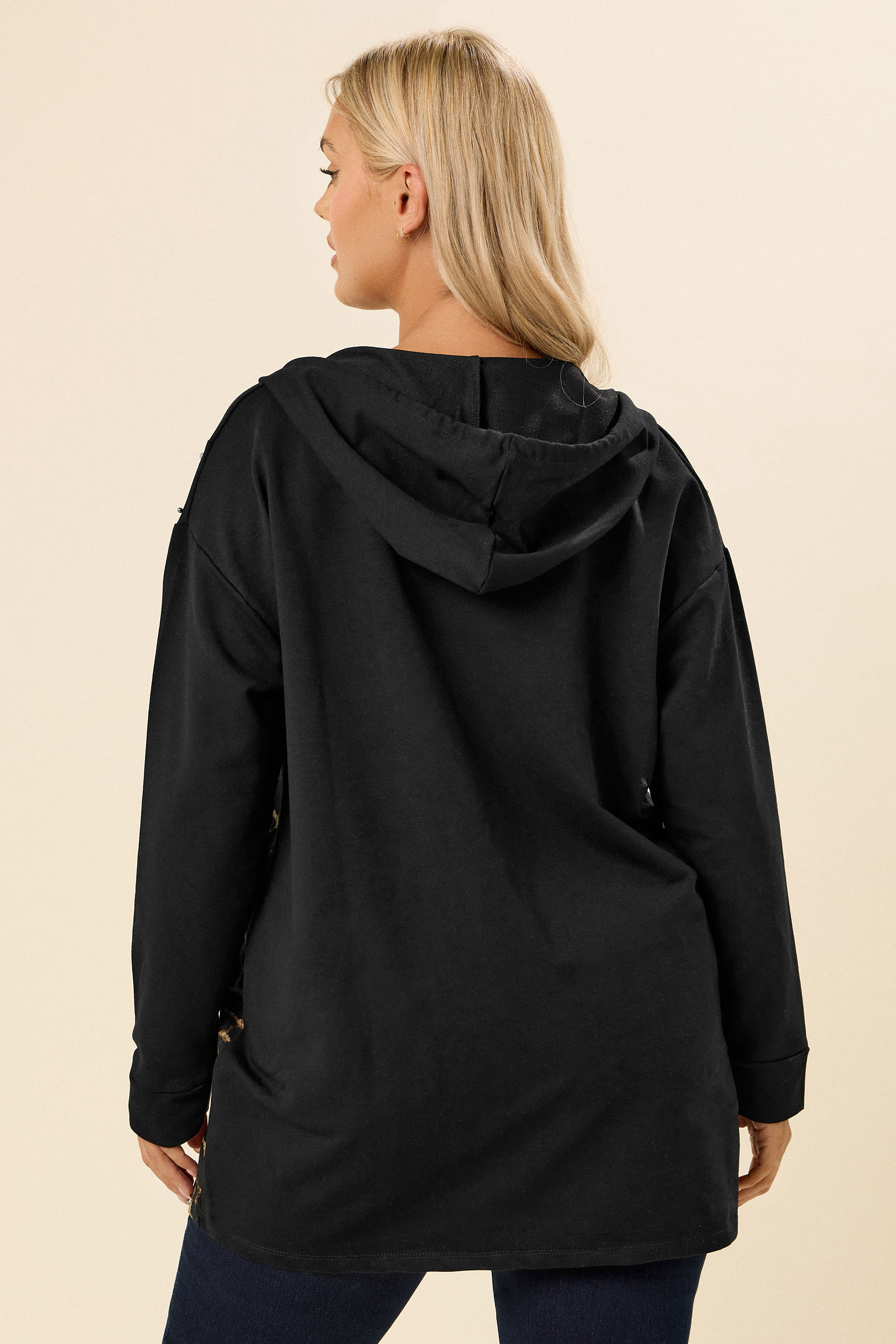 YOURS Plus Size Grey Black Leopard Print Stud Hoodie | Yours Clothing 2