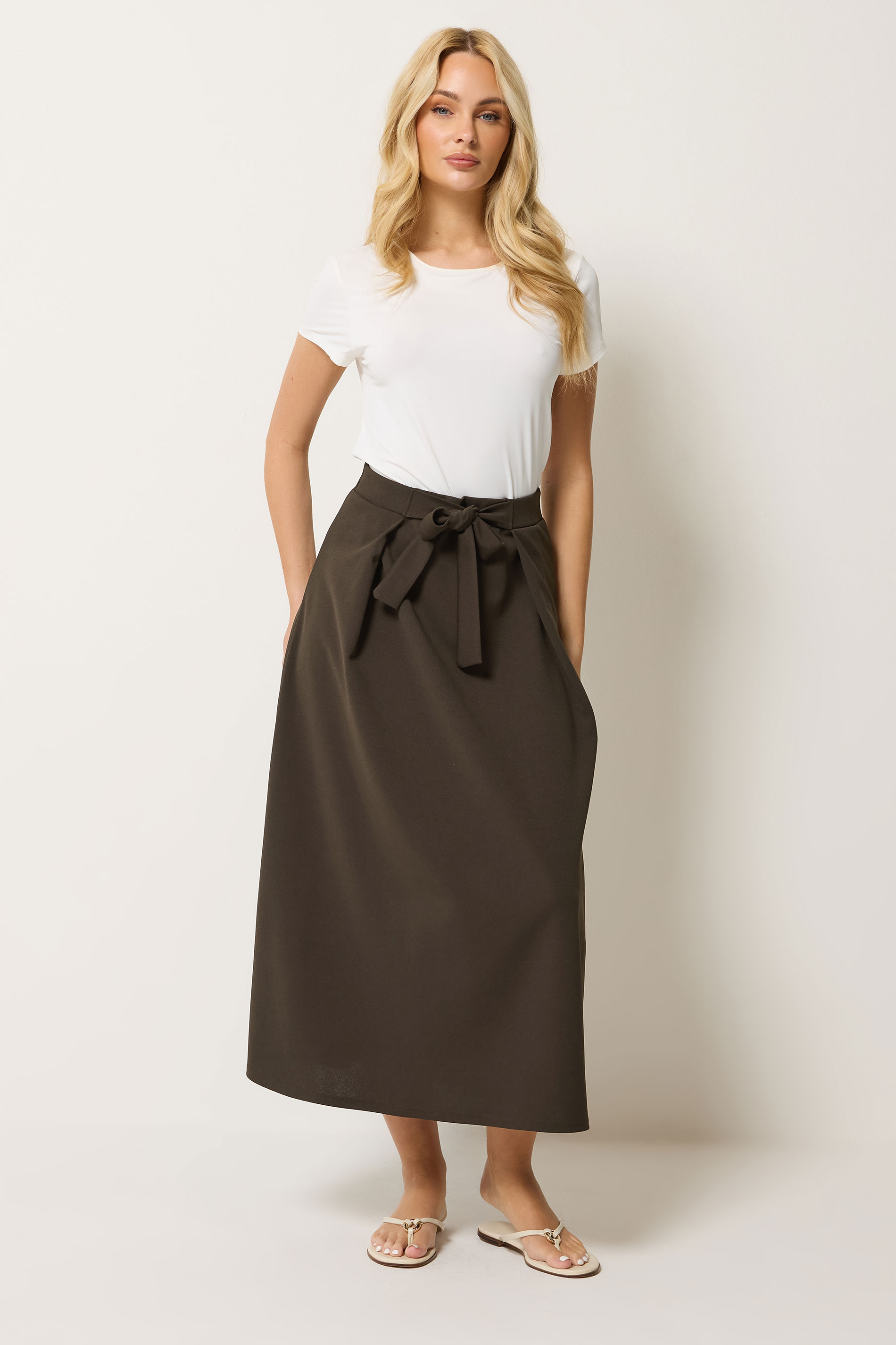 M&Co Chocolate Brown Tie Waist Midi Skirt | M&Co 3
