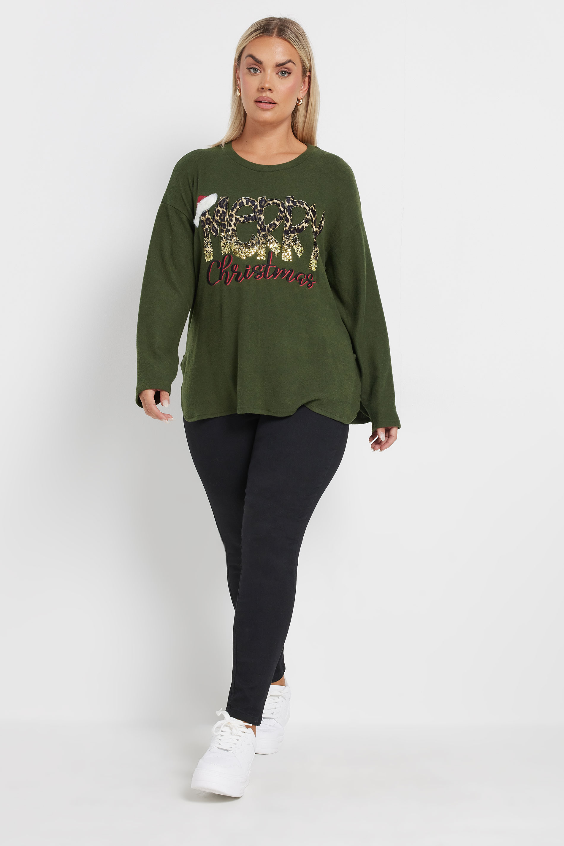 YOURS Plus Size Khaki Green 'Merry Christmas' Sequin Embellished Sweatshirt | Yours Clothing  1