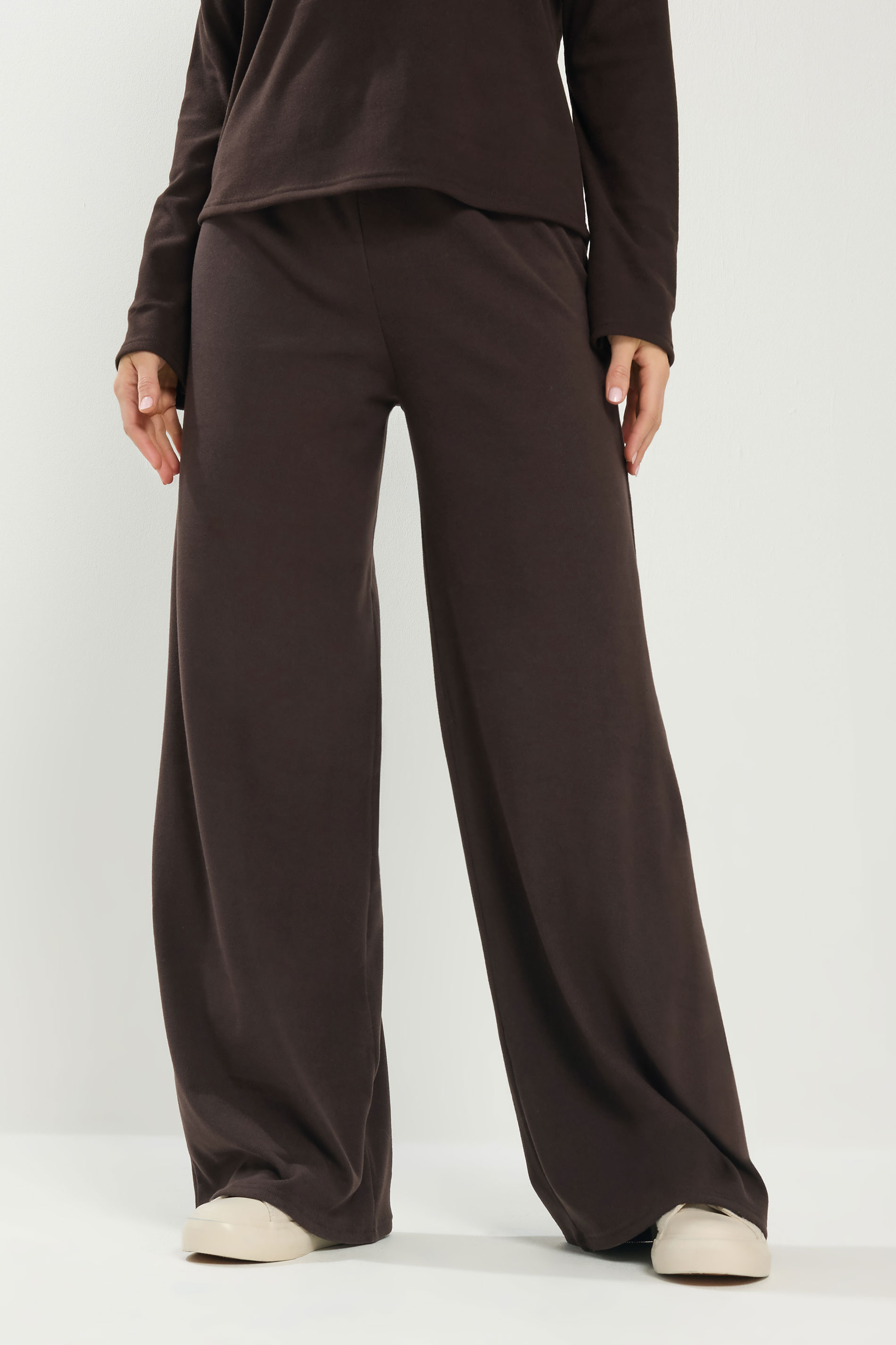 LTS Tall Women's Chocolate Brown Brushed Ribbed Wide Leg Trousers | Long Tall Sally 1
