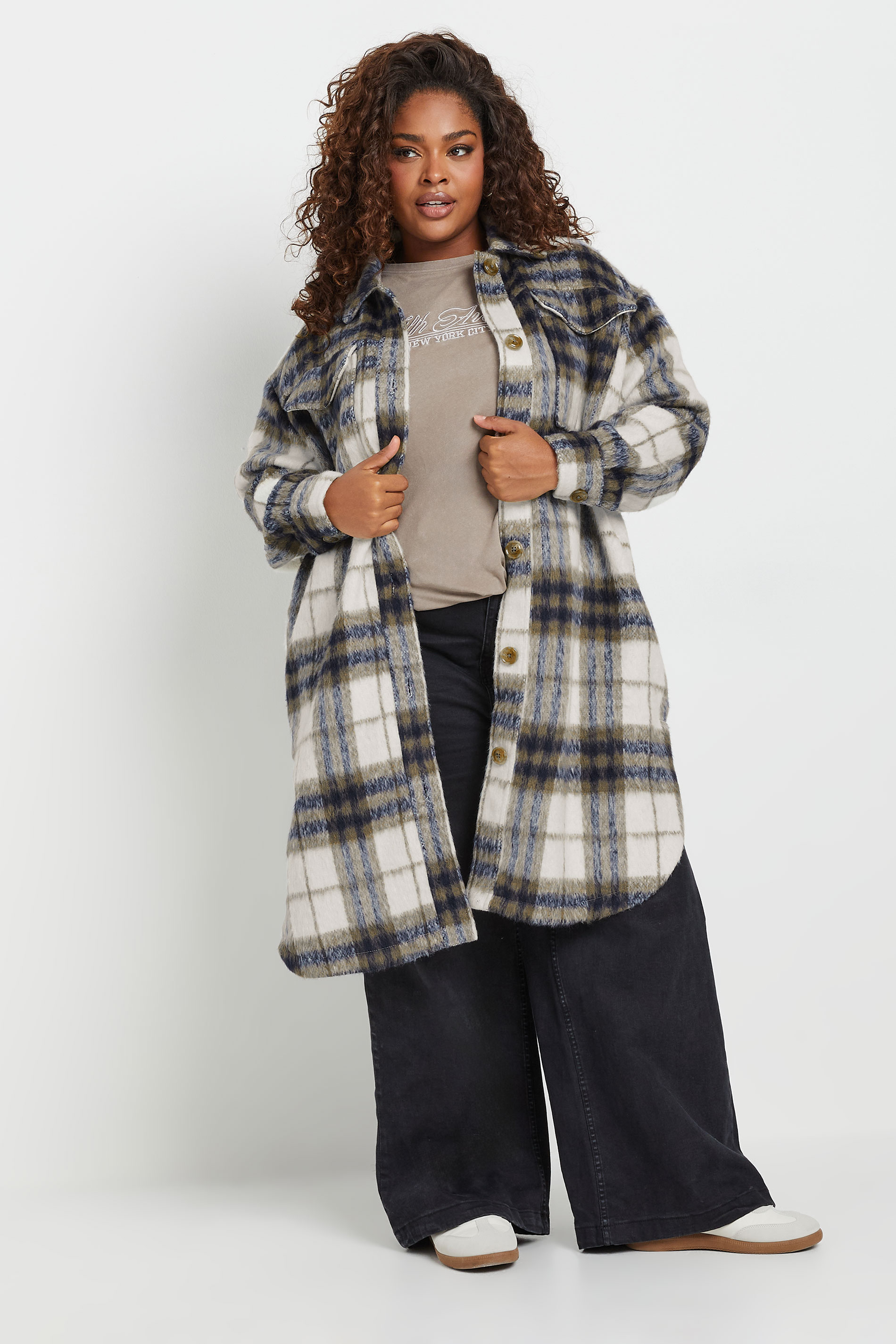 YOURS Plus Size Blue Check Print Longline Shacket | Yours Clothing 1