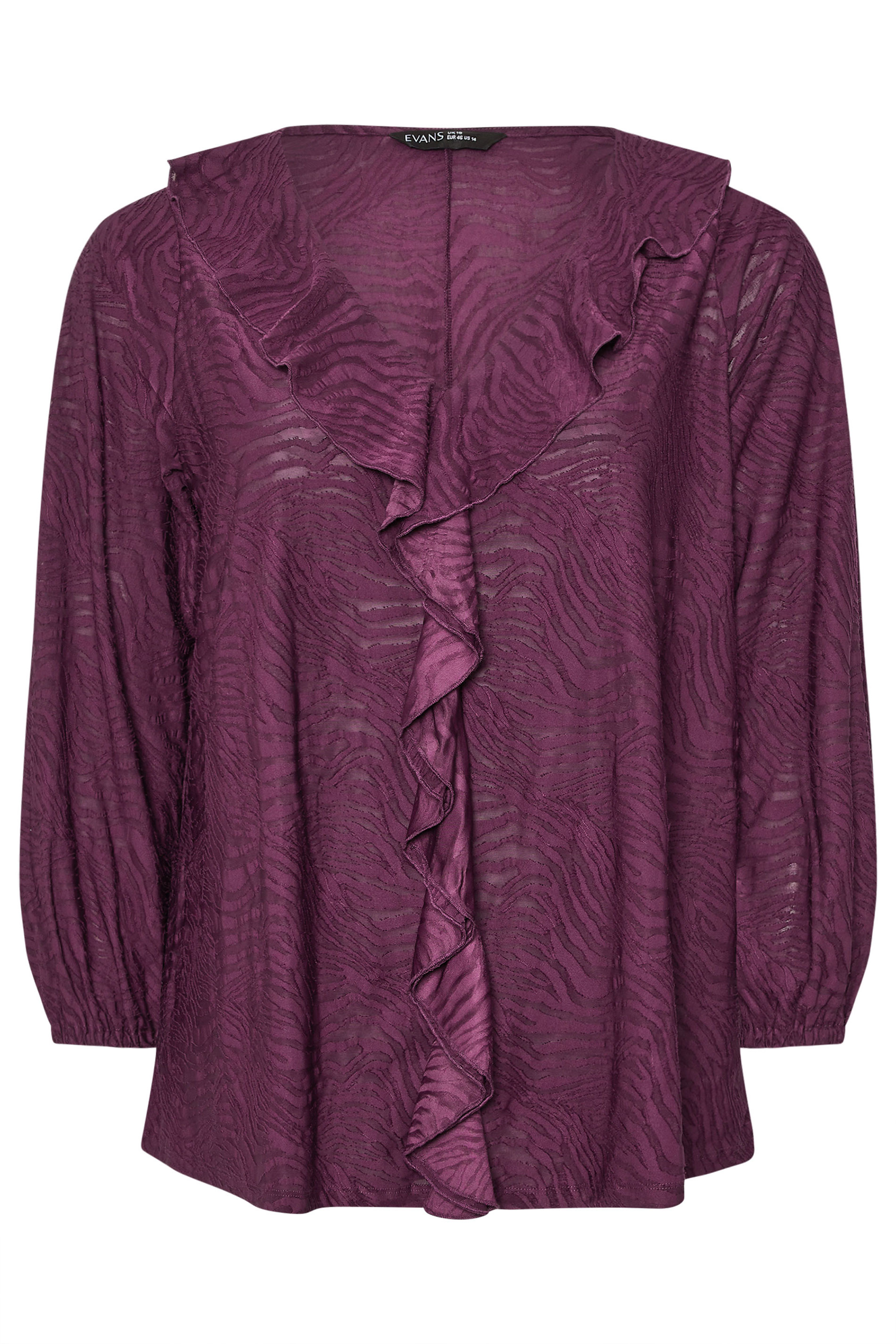 EVANS Plus Size Purple Zebra Burnout Frill Detail Blouse | Evans 5