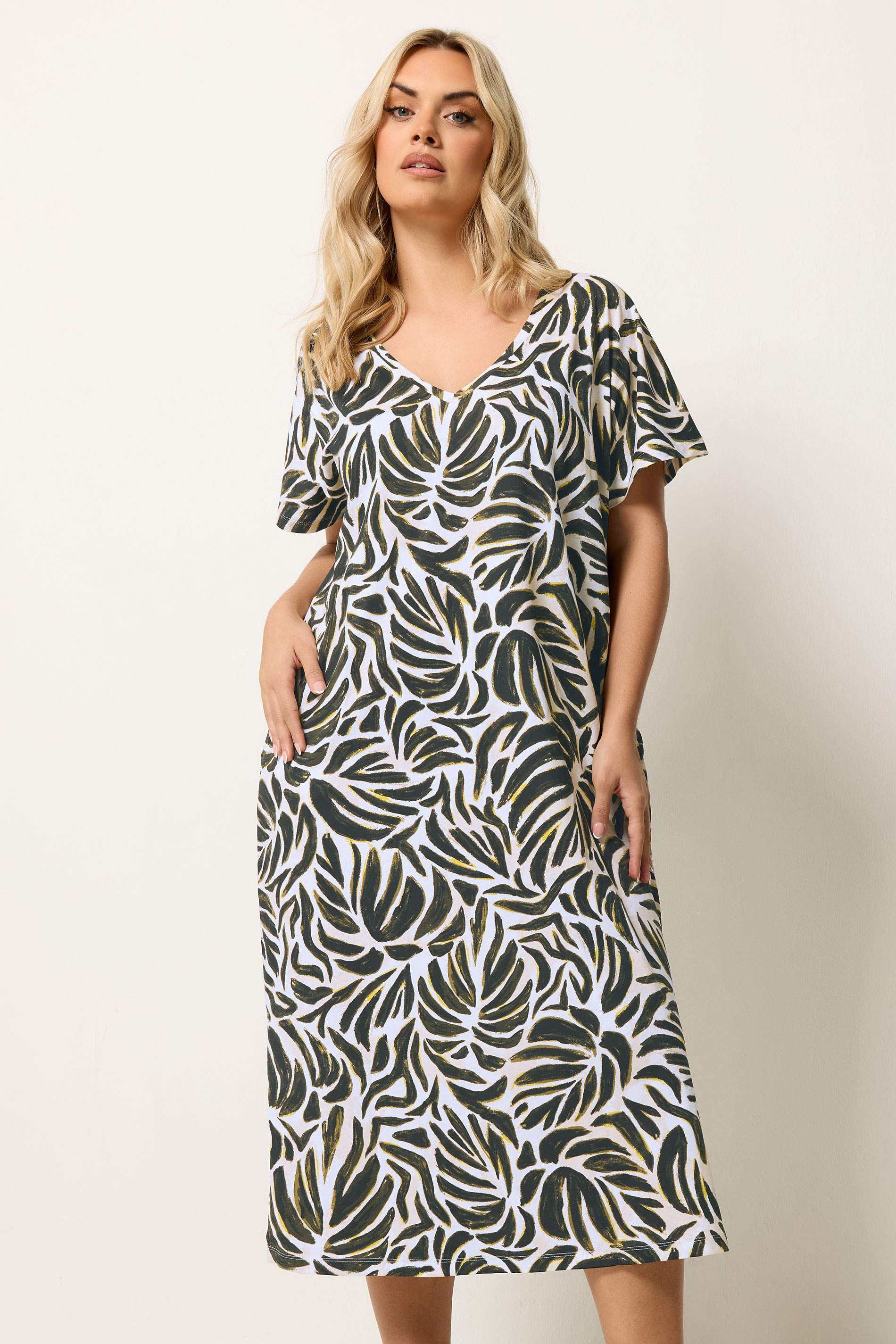 YOURS Plus Size Natural Brown & Green Leaf Print Dress | Yours Clothing 3