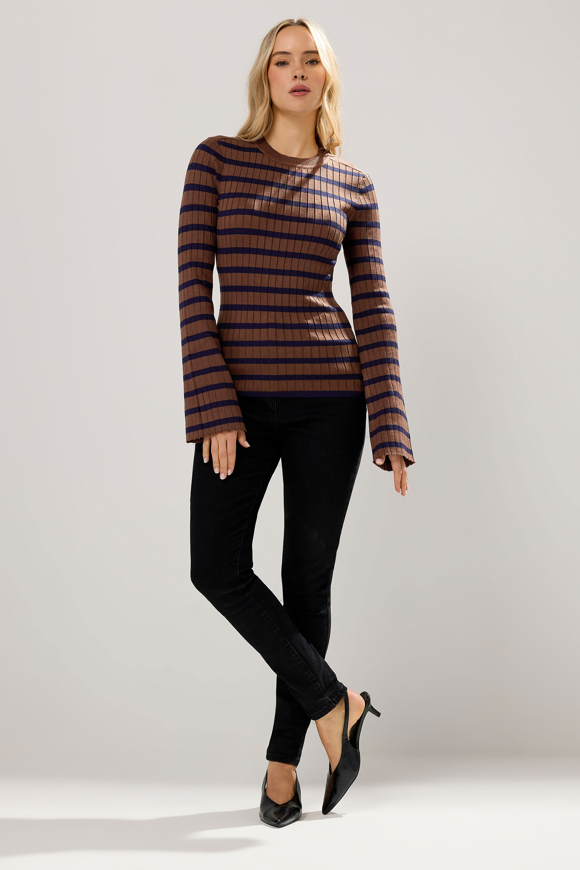LTS Tall Chocolate Brown Striped Ribbed Jumper | Long Tall Sally 1