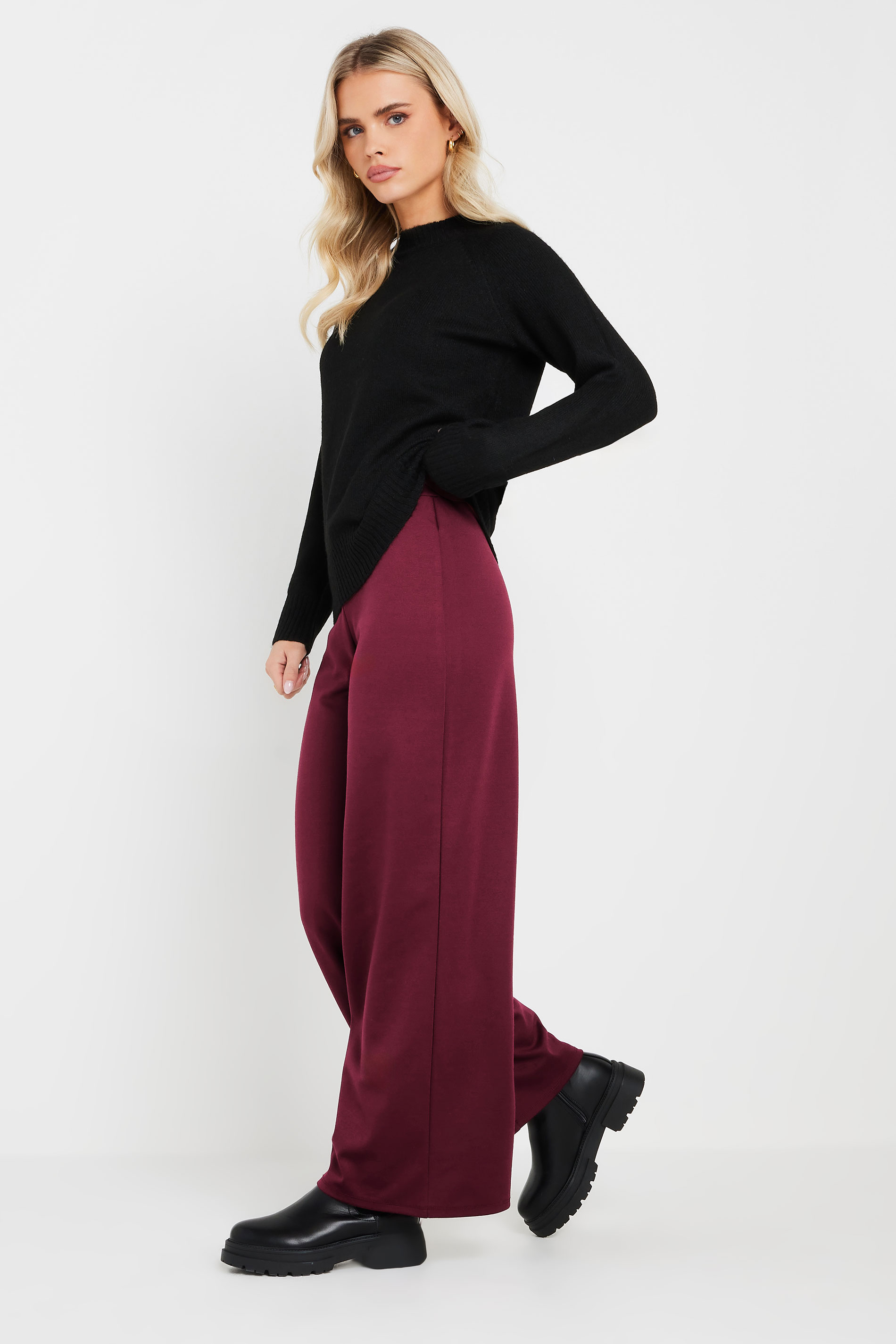 PixieGirl Petite Women's Burgundy Red Tailored Tab Wide Leg Trousers | PixieGirl 3