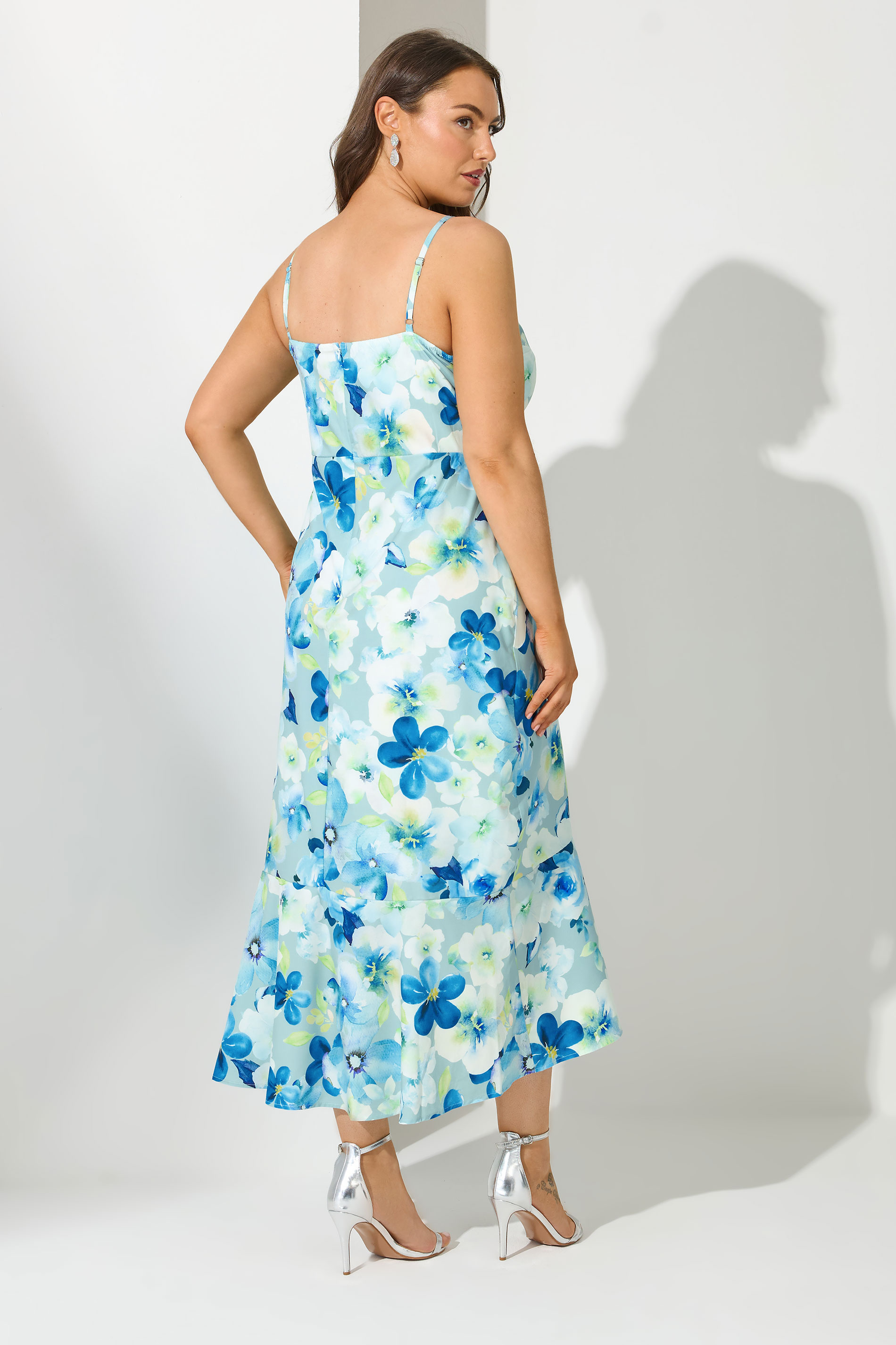 YOURS LONDON Plus Size Blue Floral Print Ruffle Wrap Dress | Yours Clothing 1