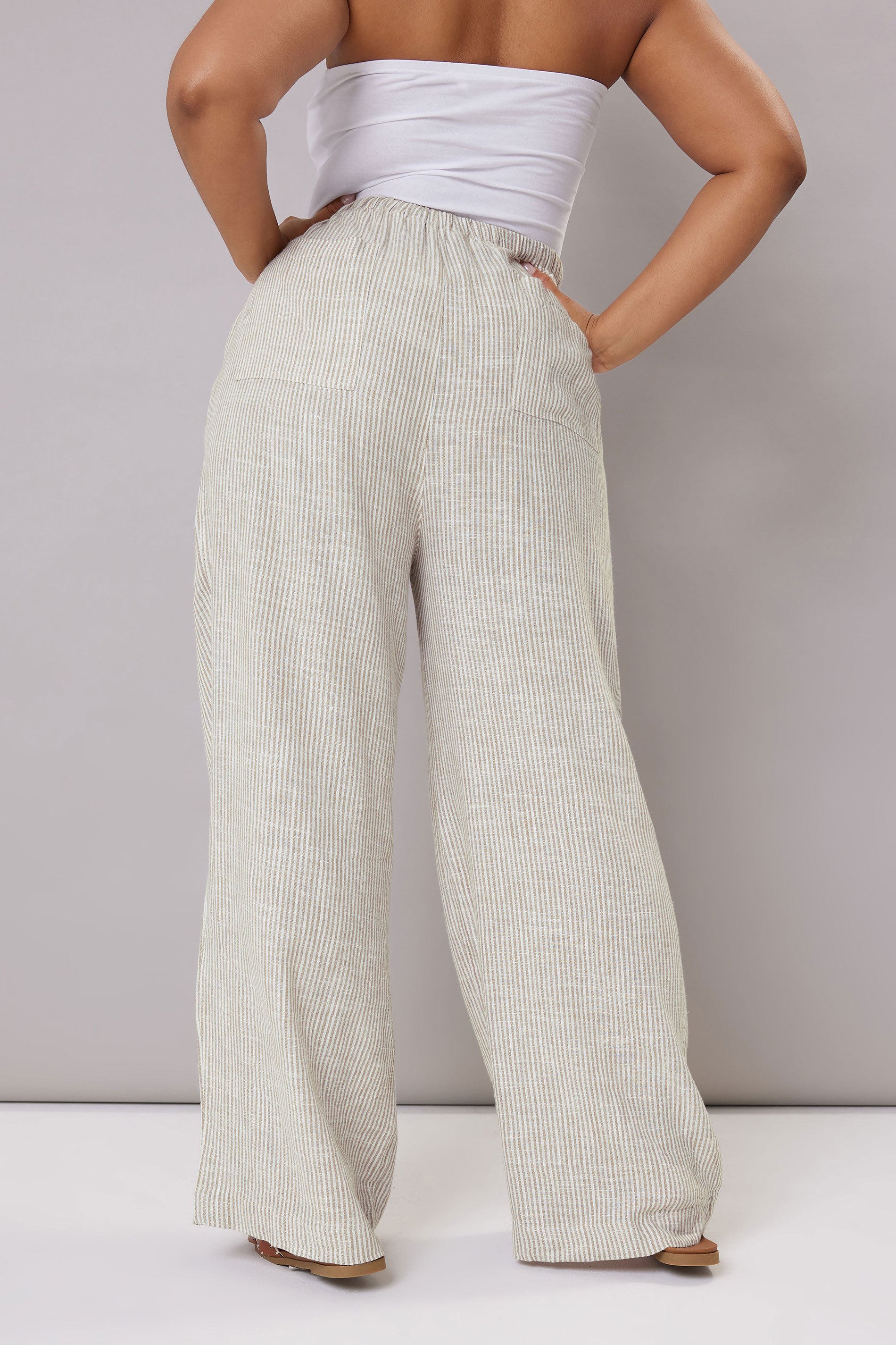 YOURS Plus Size White Striped Linen Tie Front Trousers | Yours Clothing 5
